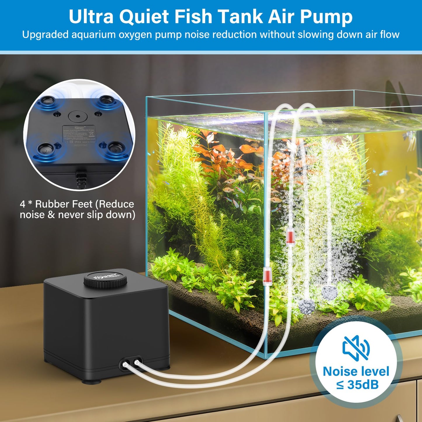 hygger Aquarium Air Pump, Quiet Adjustable Fish Tank Air Pump, 4W/7W/11W Powerful Oxygen Aerator Dual Stainless Steel Outlets with Air Stone Bubbler for Small Medium Large Fish Tank, Hydroponic, 4W
