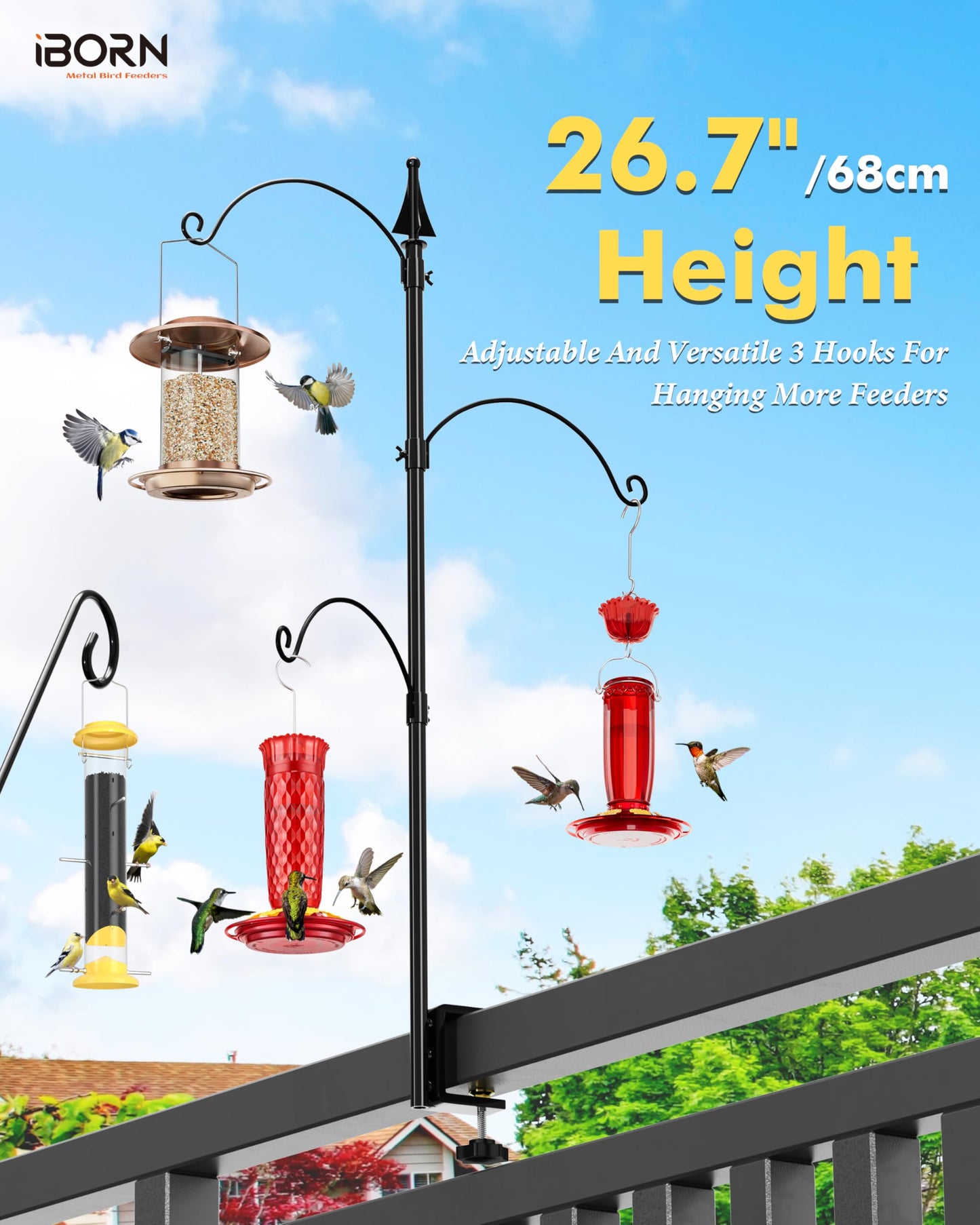iBorn Bird Feeder Hook for Deck Railing Outside Hanging for Hummingbird Feeders for Deck Hanger,3 Hooks 360 Degree Swivel,Attracting Wild Birds Feeder Planter Hanger (Feeders are Not Included)