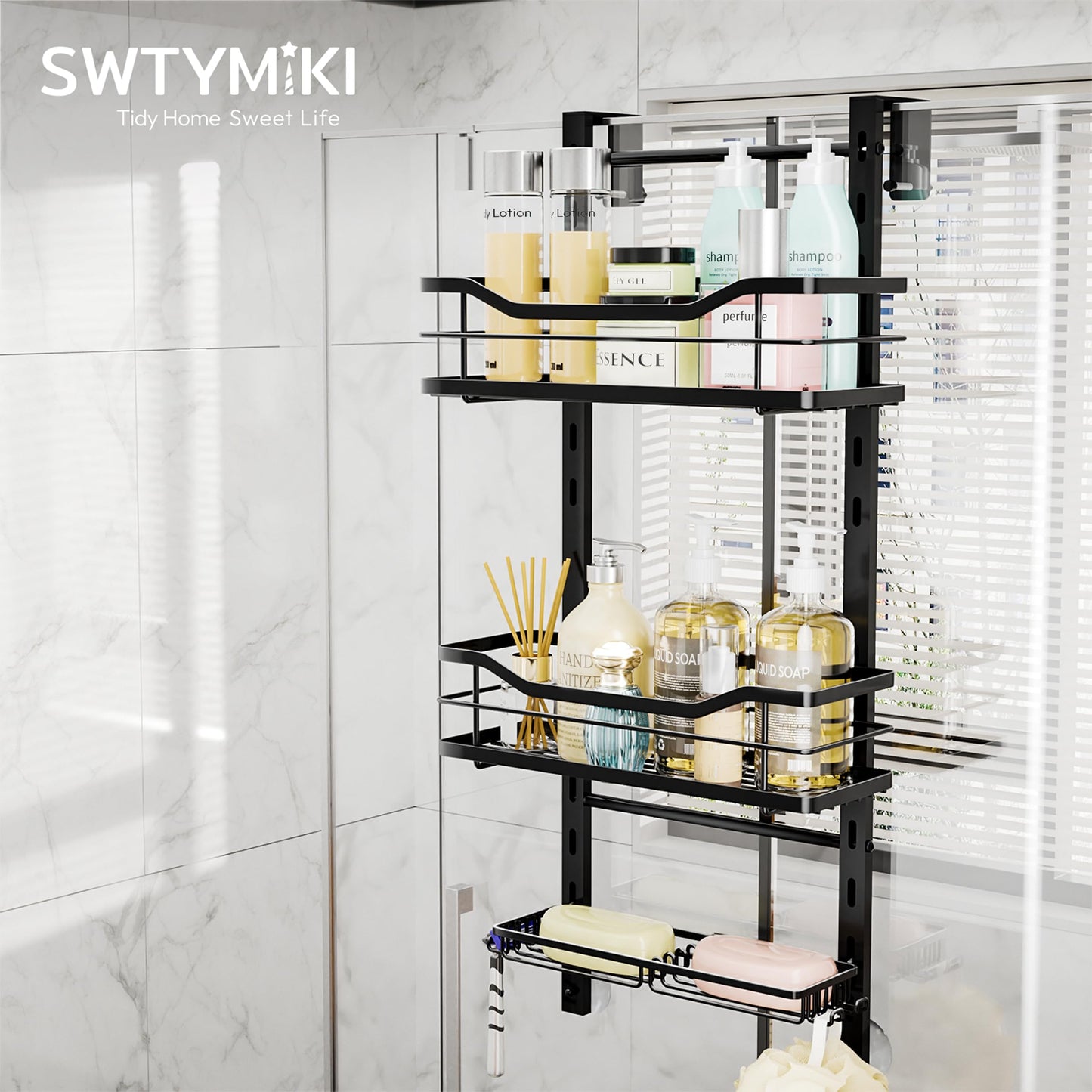 SWTYMIKI Over the Door Shower Caddy - 3 Tier Adjustable Shower Caddy Hanging with Soap Holder, No Drilling Stainless Steel Shower Organizer Hanging for Body Wash, Shampoo, Soap, Razor