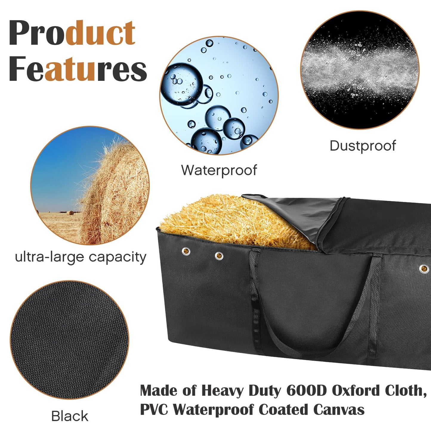 Tudomro Hay Bale Storage Bag-600D Extra Large Horse Hay Bag Black Heavy Duty for Horse Goats Storage Container Feeding Supplies for Feed Trailer, 44.4" x 22.8" x 18.7''