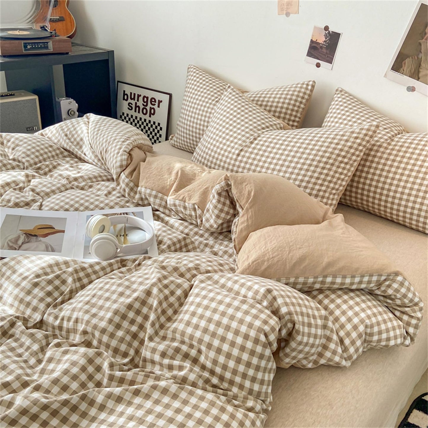 Nayoroom Gingham Duvet Cover Queen Size Brown Tan Plaid Checkered Comforter Cover Grid Farmhouse Dorm Bedding Set 3 Pcs Soft Breathable Washed Microfiber Gifts for Women Men