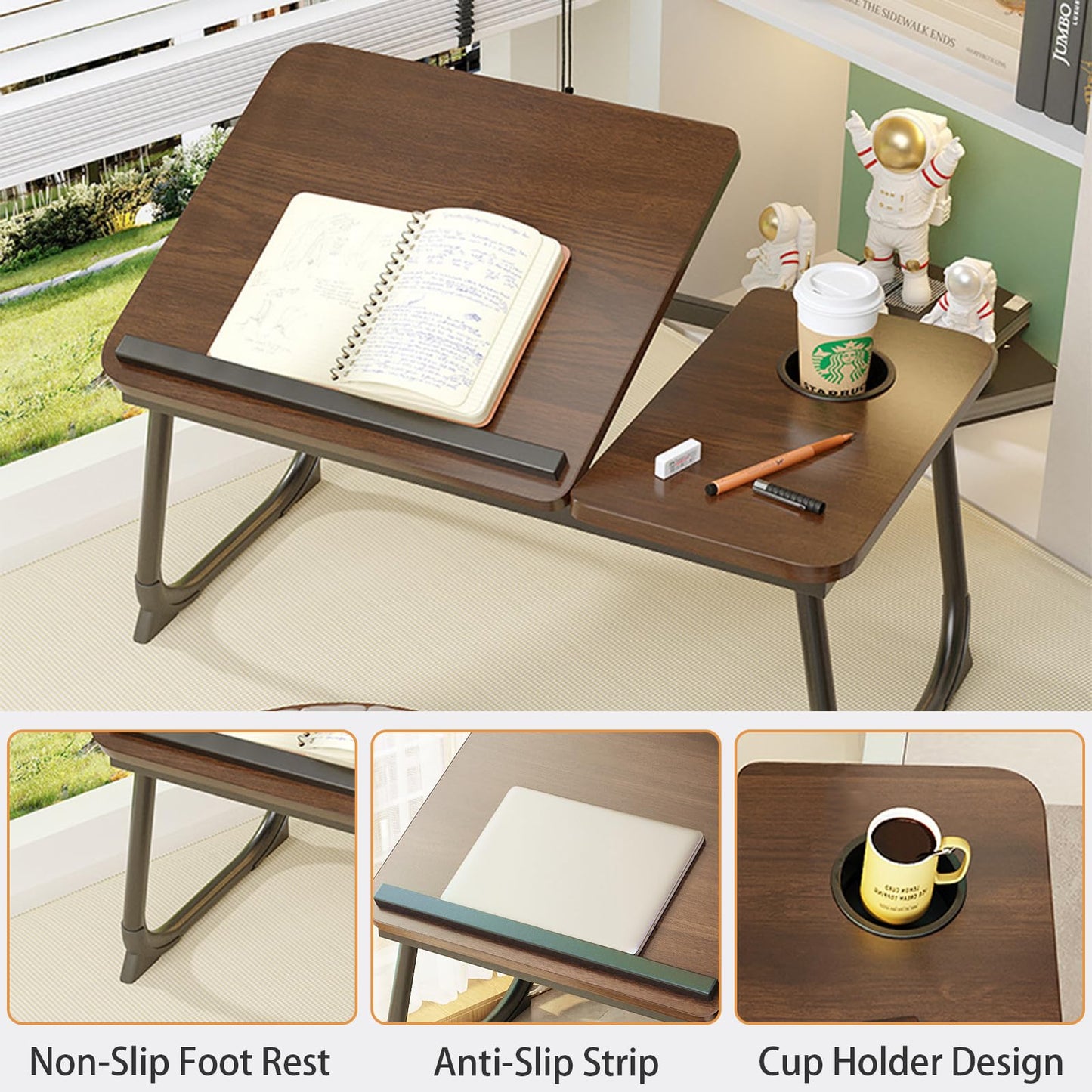 Laptop Desk for Bed, Adjustable Laptop Table with 5 Adjustable Angles, Portable Lap Tray Table with Cup Holder, Laptop Bed Desk Tray for Eating Working Writing (Brown)