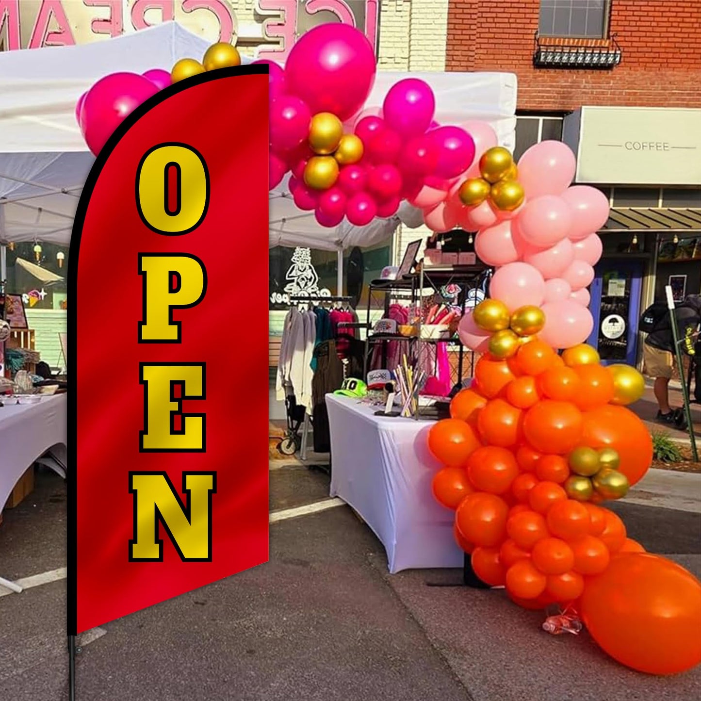 Anley 7.5 FT Open Feather Flag Banner Kit - Outdoor Swooper Advertising Flags with Pole and Stake – Open Sign for Storefront, Business Promotion, Events, Trade Shows – Weather Resistant & Easy Setup