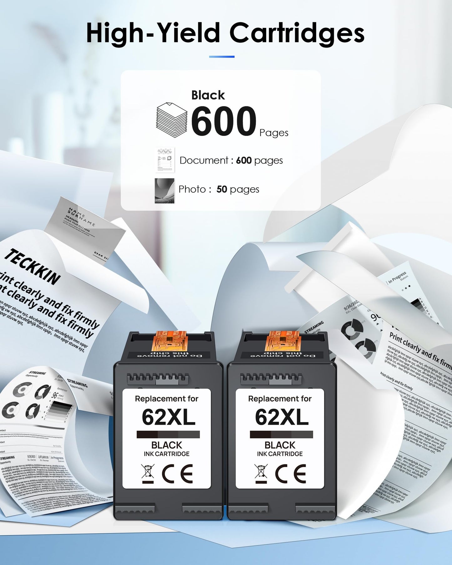 62XL Black Ink Cartridge 62XL High Capacity TECKKIN for HP 62 Black Ink Cartridge for HP Envy 7640 5660 5640 5540 6255 6200 7650 Deskjet 200 250 258 7904 Printer 2 Value Pack