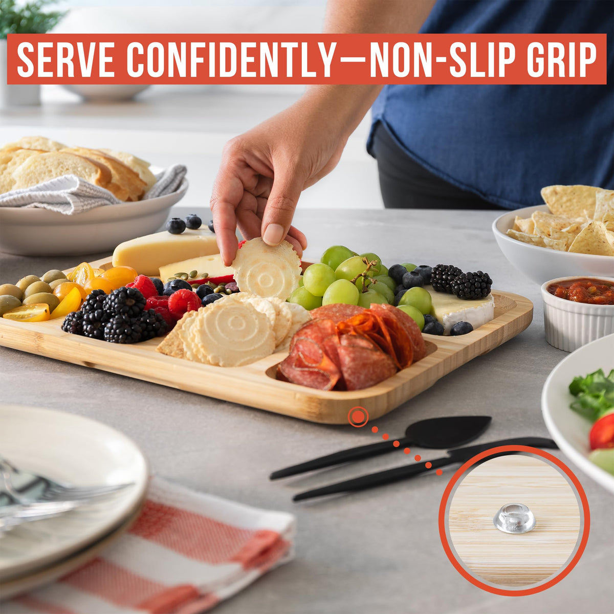Chef Pomodoro Travel Charcuterie Board with Lid, Serving Tray, Portable, Covered Tray with Lid, Cheese Platter, Wood Grazing Board with 6 Compartments 14.4 X 11.4 in (36.7 X 29 cm)