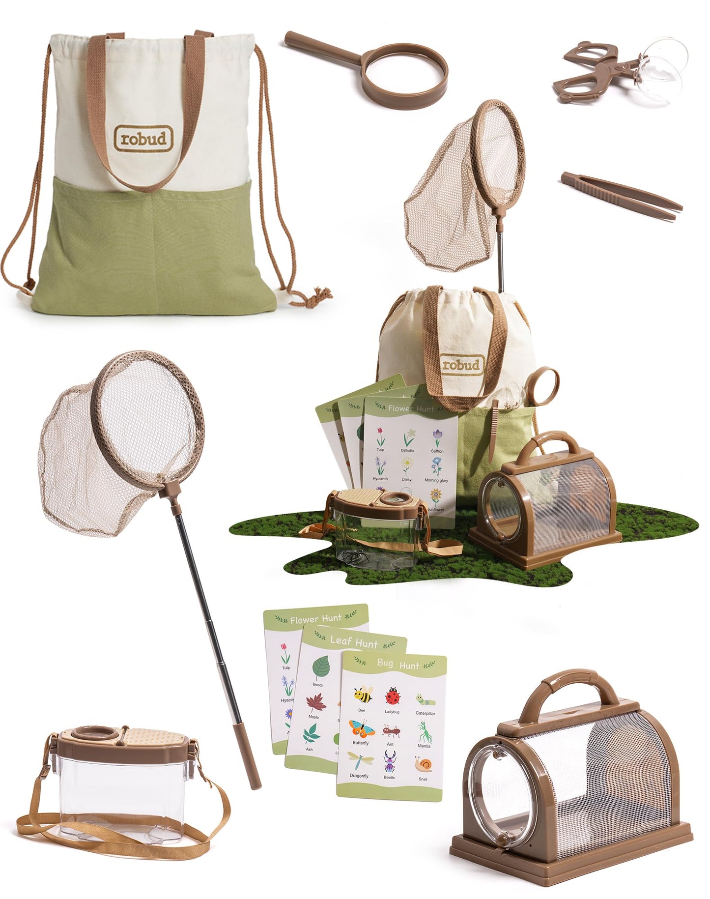 ROBUD Kids Explorer Kit, Bug Catcher Kit with Costume Set, Outdoor Exploration Set for Camping, Montessroi Toy for Kids Coming Closer to Nature，WRP07
