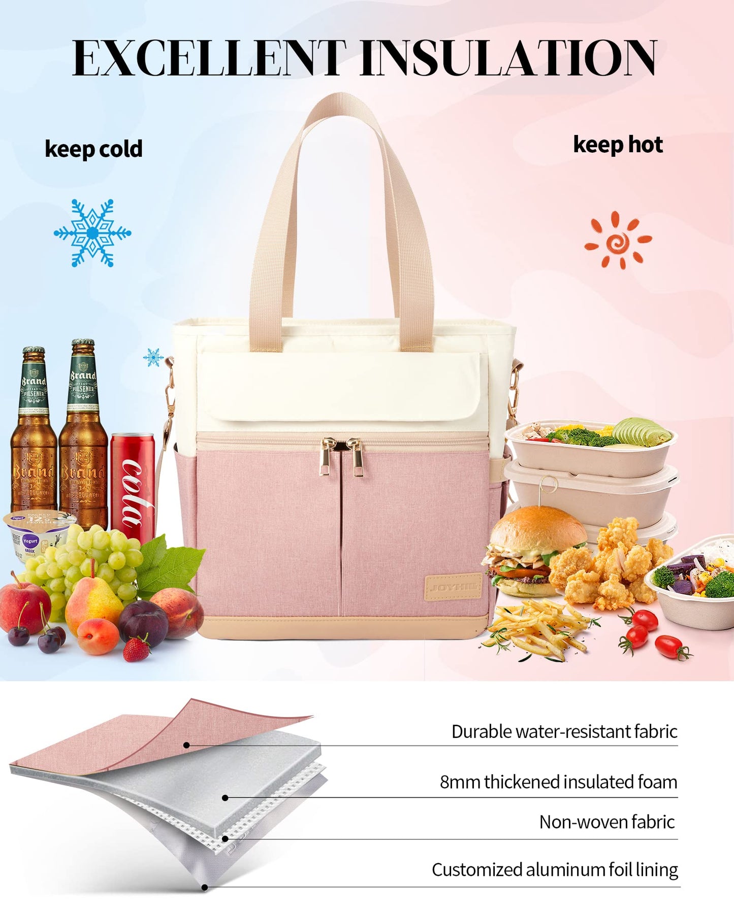 JOYHILL Lunch Bag for Women, Lunch Tote Leakproof Insulated Lunch Box Lunch Container Food Container with Shoulder Strap, Adult Reusable Lunch Cooler Tote Bags for Work Picnic Camping Beach (A-Pink)