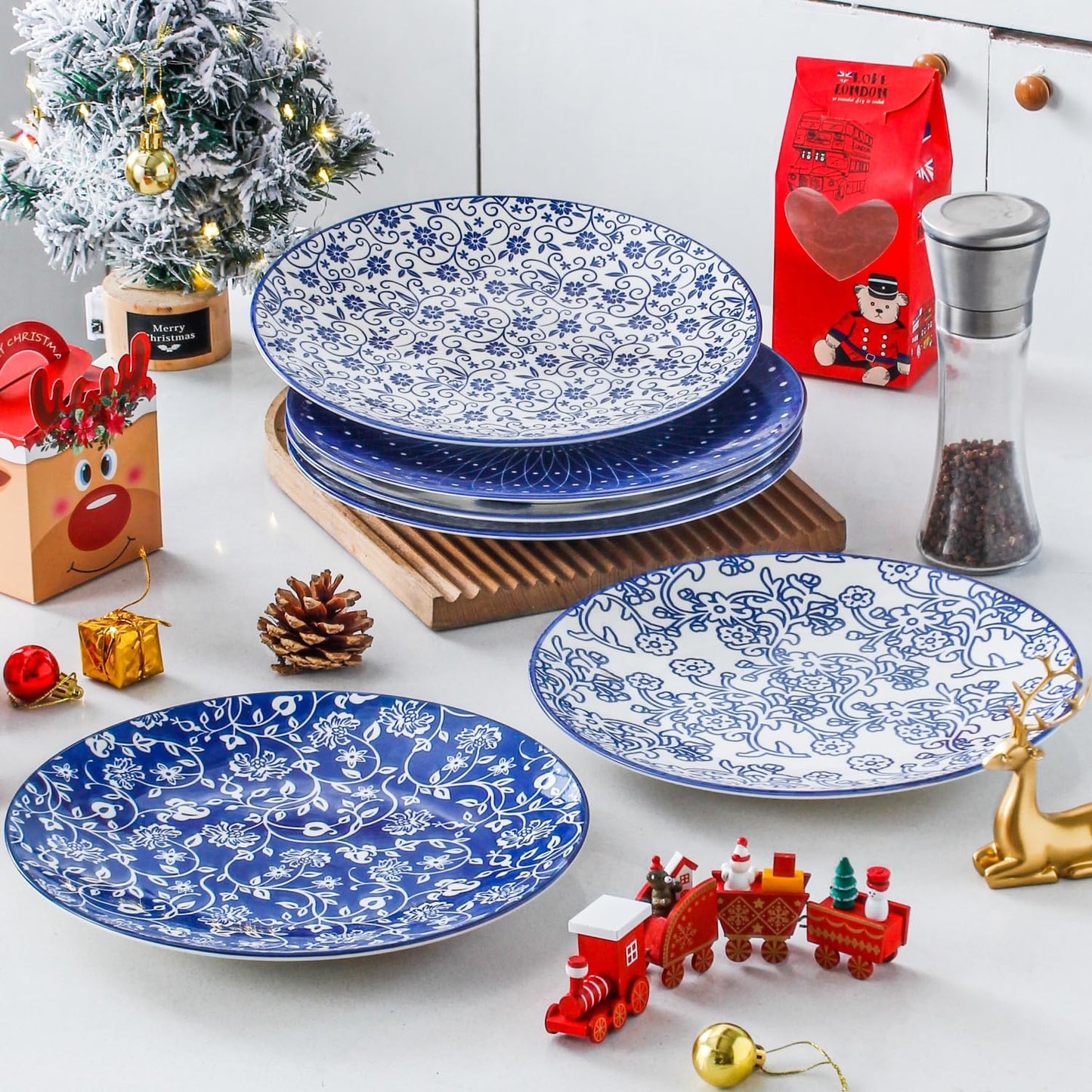 Cerkik Ceramic Dinner Plates Set - 10.5 Inch / 27 cm Large Porcelain Salad Serving Plate for Pasta Steak Pancakes Pizza - Scratch Resistant Microwave Oven Dishwasher Safe - Set of 6 - Vintage Blue
