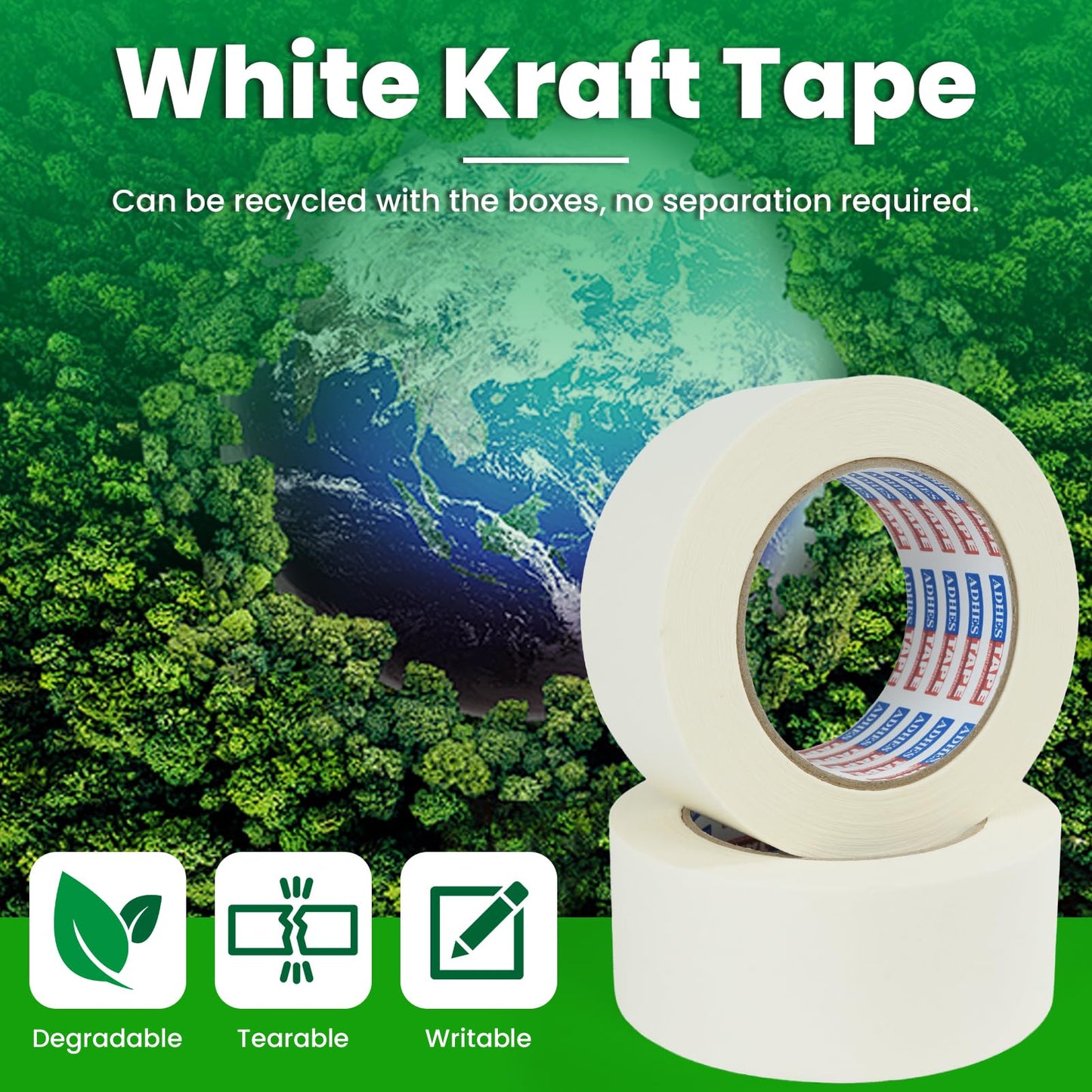 ADHES White Kraft Paper Tape, 2 Inch x 55 Yards, 6 Rolls Writable & Uncoated Heavy Duty Paper Tape, Eco-Friendly Biodegradable Packing Tape for Sealing, Packaging, Moving & Masking