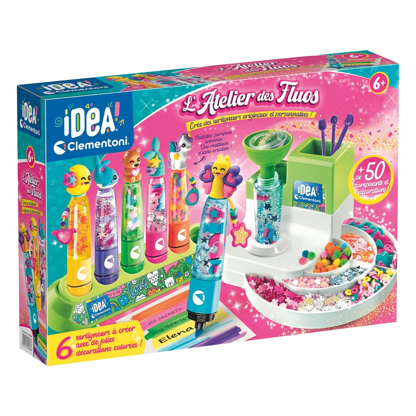 Clementoni - Idea - L’ Atelier des Fluos - Crée des Surligneurs Personnalisés – Paillettes Pompons et Anneaux pour des Idées Créatives - d'Artisanat – Coffret de Jeu Éducatif – Français – 52848