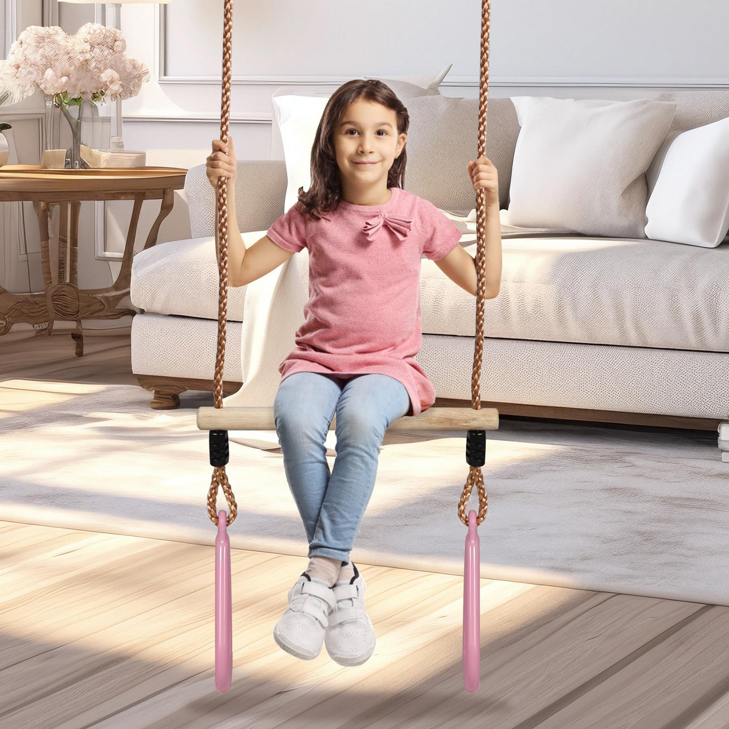 RedSwing Trapeze Swing Bar Rings, Trapeze Bar for Kids with Adjustable Rope, Locking Straps, Outdoor Swing Set Playground Accessories, Pink