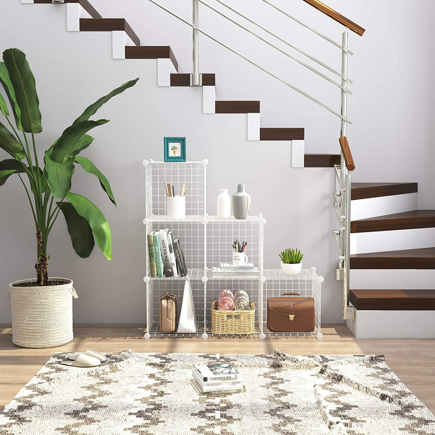 C&AHOME Wire Storage Cubes, Metal Grids Book Shelf, Modular Shelving Units, Stackable Bookcase, 6 Cubes Closet Organizer for Home, Office, Kids Room, 36.6”L x 12.4”W x 36.6”H White