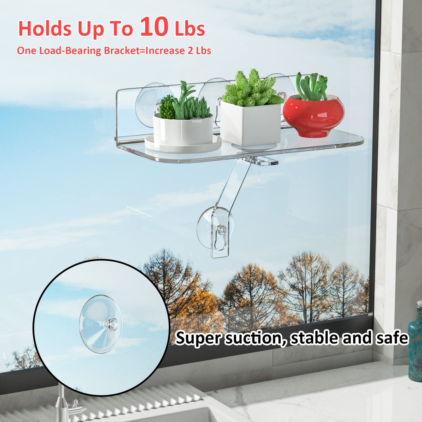 Hexsonhoma Clear Acrylic Windows Plant Shelves, 12 Inch Window Plant Stand with Legs, No Need Drilling Indoor Windows Suction Cup Shelf Wall Shelf for Plants, Home Décor, Toiletries(2 Pack)