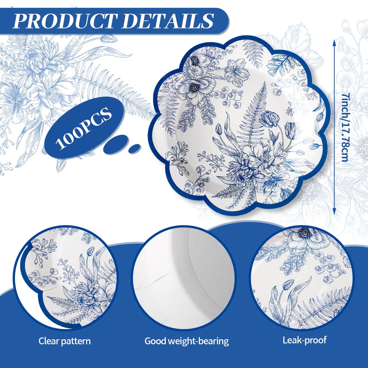 100 Pcs Blue Floral Paper Plates Disposable Dessert Baby Bridal Shower Party Supplies Floral Dessert Plates Bulk Birthday Tea Party Serving Tray for Wedding Birthday Supplies