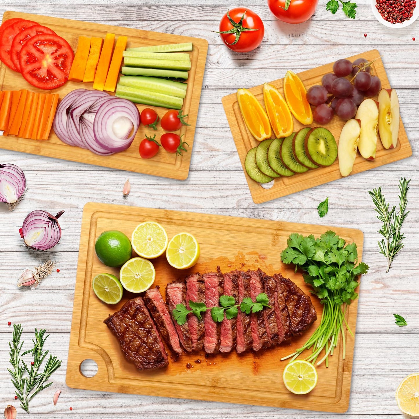 Bamboo Cutting Board [Set of 3], Wooden Cutting Boards for Kitchen, Wood Cutting Boards with Deep Juice Groove & Side Handles,Charcuterie Board for Meat, Ideal for Meal Prep and Chopping