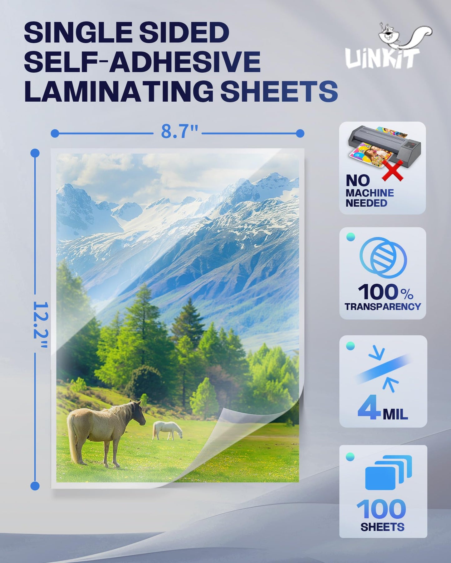 Uinkit Self-Adhesive Laminating Sheets, Self Stick 4Mil 100 Sheets 8.7 x 12.2 Inches Clear Self Sealing Laminating Sheets Suitable for 8.5x11 inches Letter Size (8.7x12.2”-4Mil-100Sheets)