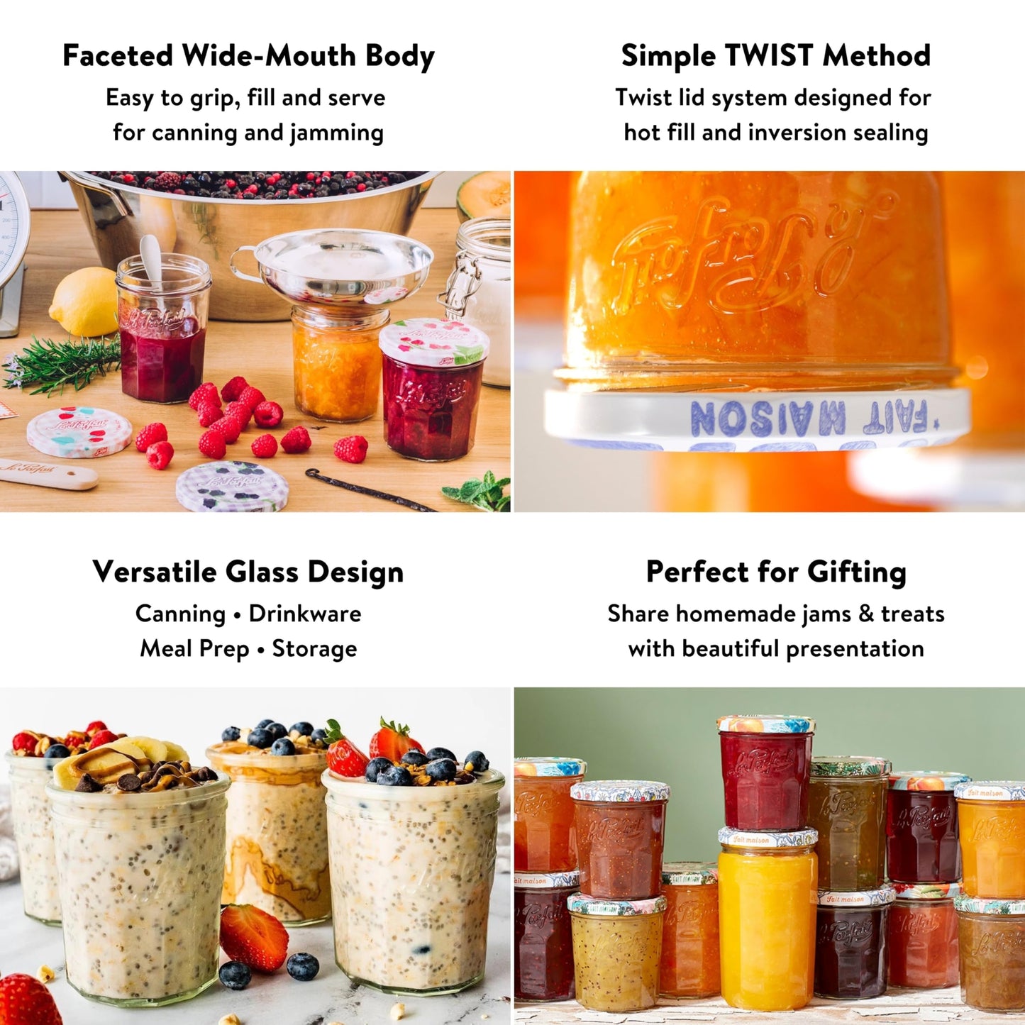 Le Parfait Jam Jars Clear Canning Jars w/Colorful Airtight Metal Lids | Sturdy French Faceted Non-Slip Glass Body | Works for Jam + Jelly Storage, Snacks, Picnic, DIY| 11oz (Pack of 6) 324ml