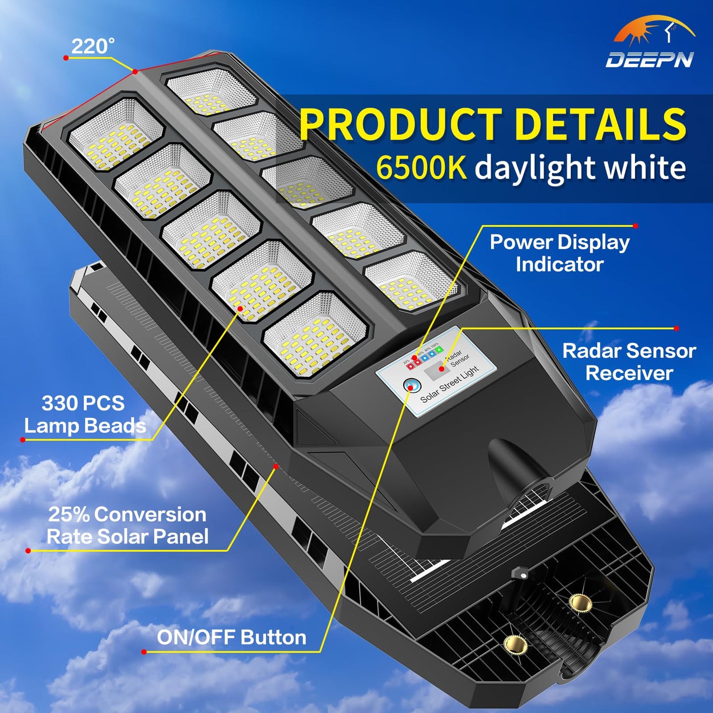 Deepn Solar Lights Outdoor, Waterproof Street Lights Outdoor, 6500K Dusk to Dawn Solar Security Flood Lights Motion Sensor with Remote Control for Yard, Entryway Garage, Porch (1)