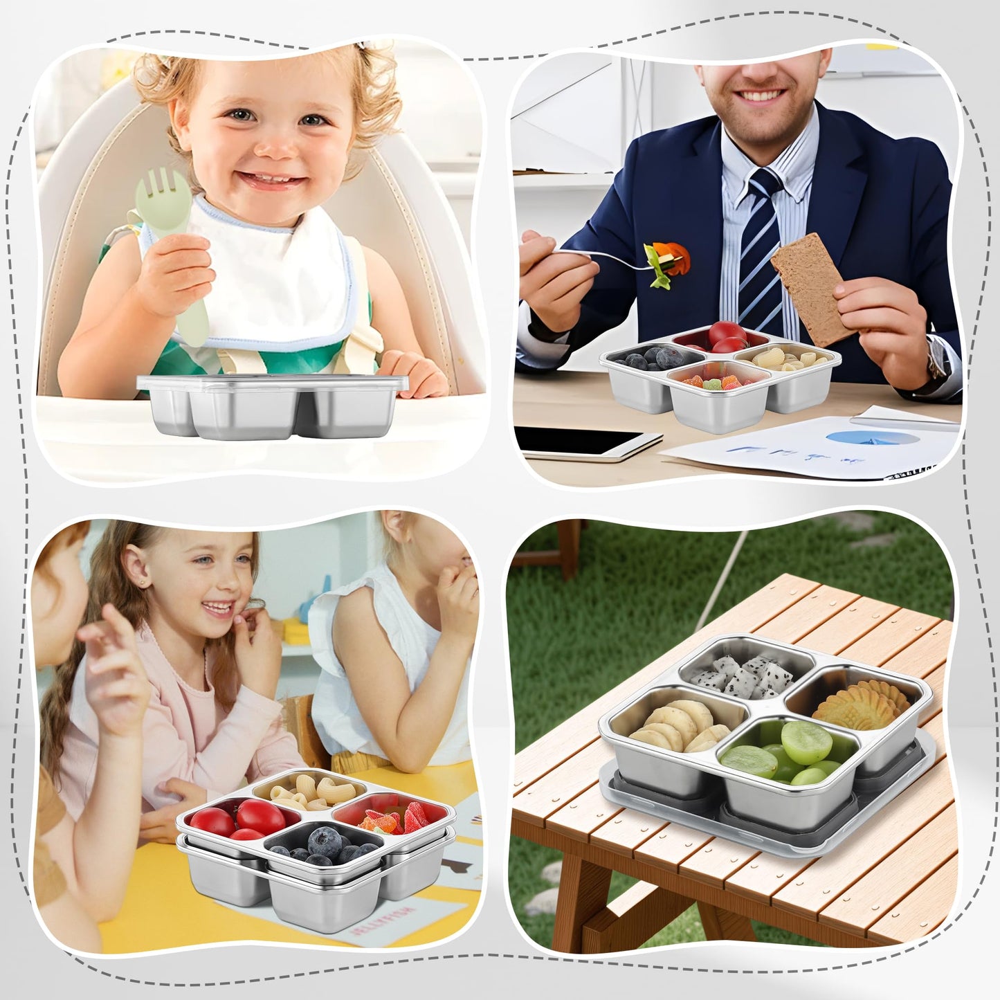 BEFOY 4 Pack Stainless Steel Snack Containers with Lids - 4 Compartment Food Storage Containers for Adults & Kids - Meal Prep Reusable Bento Lunch Box - Silver