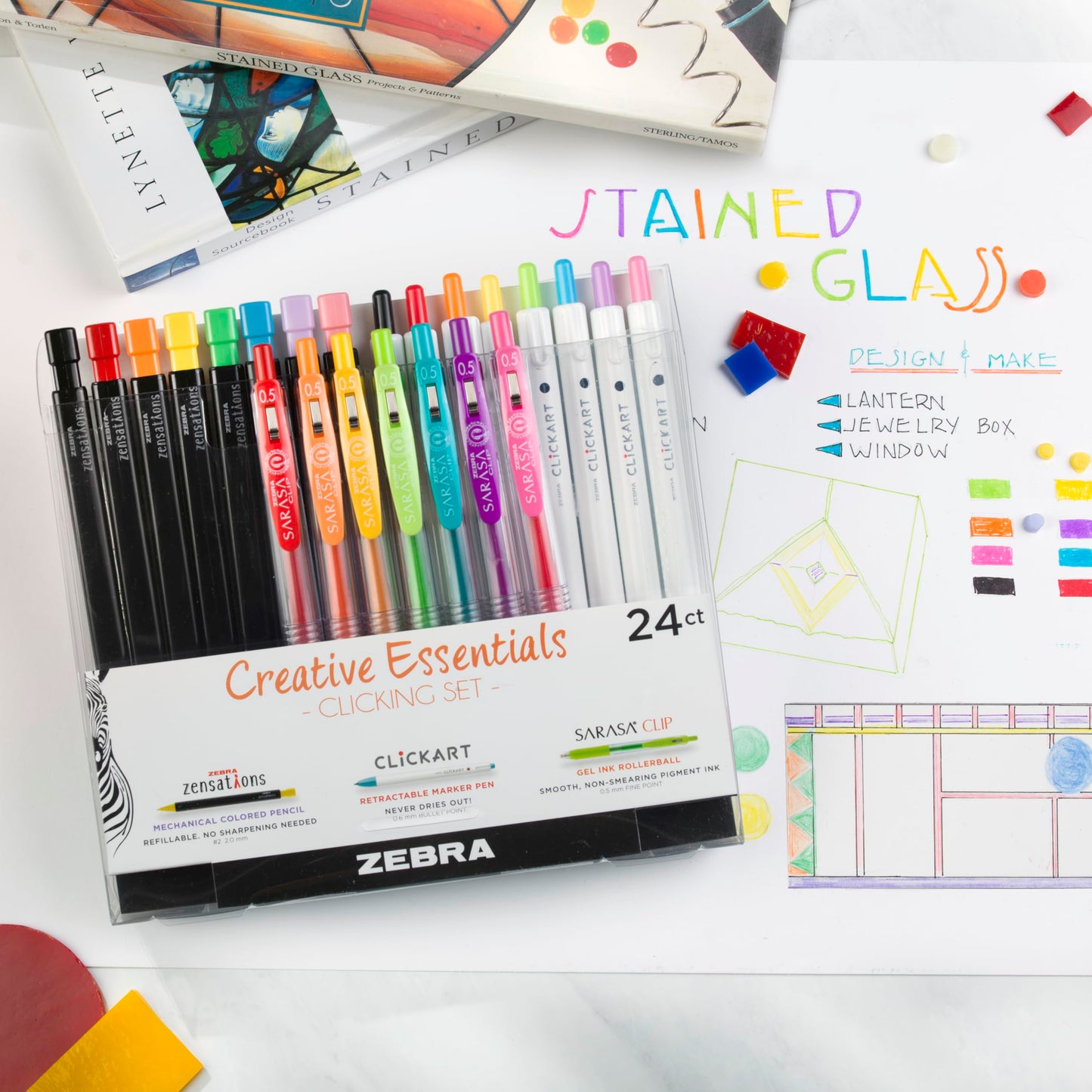 Zebra Pen Creative Essentials Clicking Set 24-Pack, Includes 8 CLiCKART Markers, 8 Coloured Pencils and 8 SARASA Clip Retractable Gel Pens, Assorted Ink Colours, Ideal For Bullet Journaling (76124)