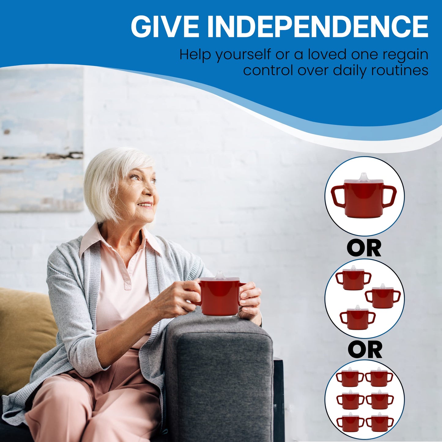 Providence Spillproof Compact 8oz Adult Sippy Cup with 2 Handles - Sip Cups for Adults for Limited Mobility - Handicapped Accessories - Handicap Cups for Elderly Care - Made in the USA - Red - 6