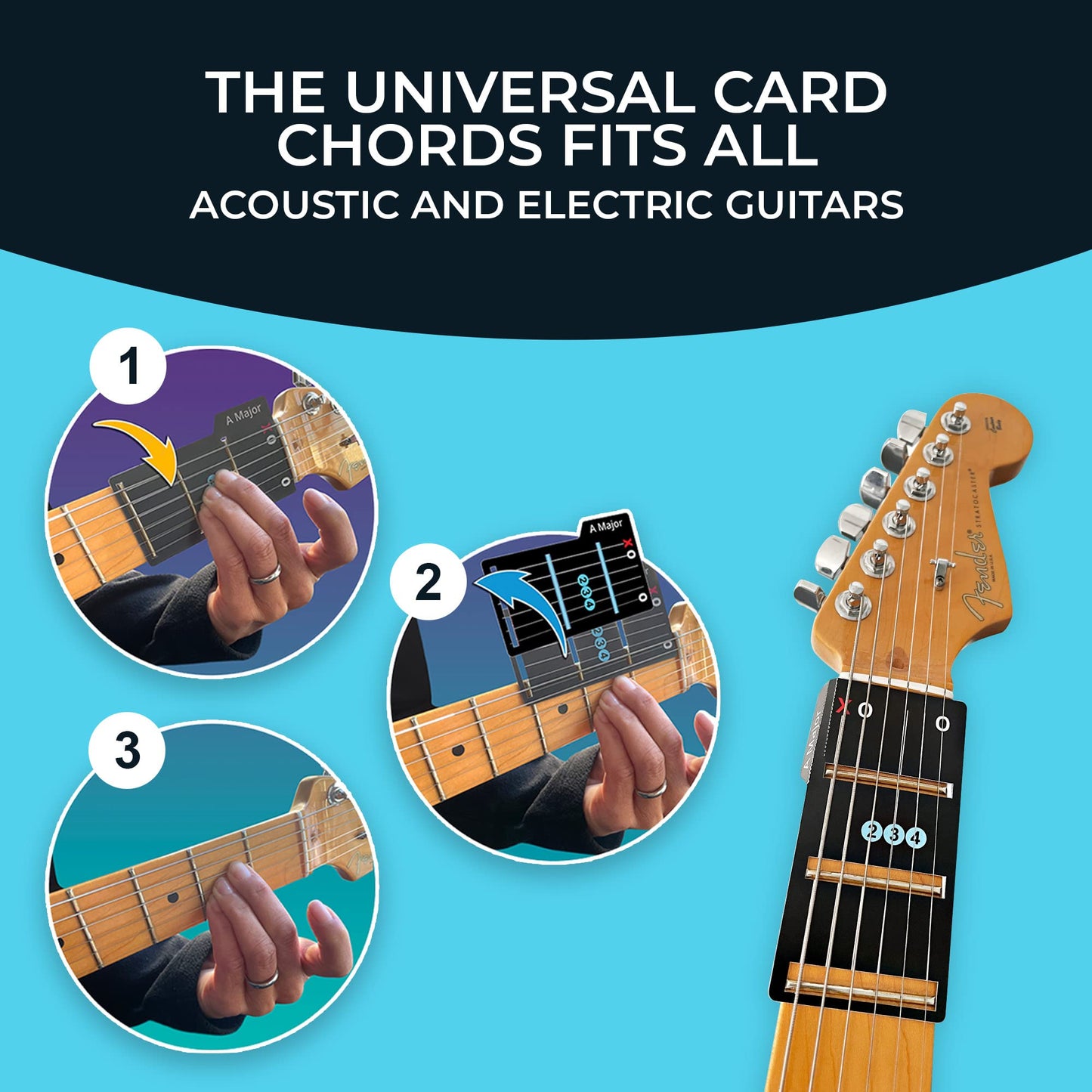 Learn Guitar in Minutes Deluxe Edition with Case Card Chords (Fits All Guitars) GUITAR CHORDS allow you to PLAY the ACOUSTIC or ELECTRIC Guitar while the CARD is on the FRETBOARD Guitar Gift