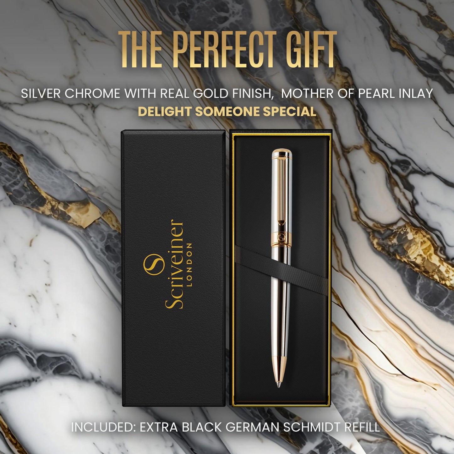 Scriveiner Silver Chrome Ballpoint Pen - Stunning Luxury Pen, Real Gold Plating, Schmidt Black Refill, Best Ball Pen Gift Set for Men & Women, Professional Executive Office, Nice Fancy Designer Pens
