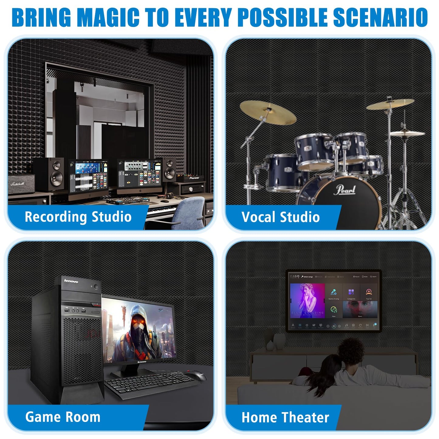 4 Pack Acoustic Foam Panels, 48 x 24 x 2" Sound Absorbing Panels High Density Studio Wedge Tiles Fire Resistant Acoustic Panels for Home,Office, Recording Room, Studio (Black 4 Pack, 48 x 24 x 2")