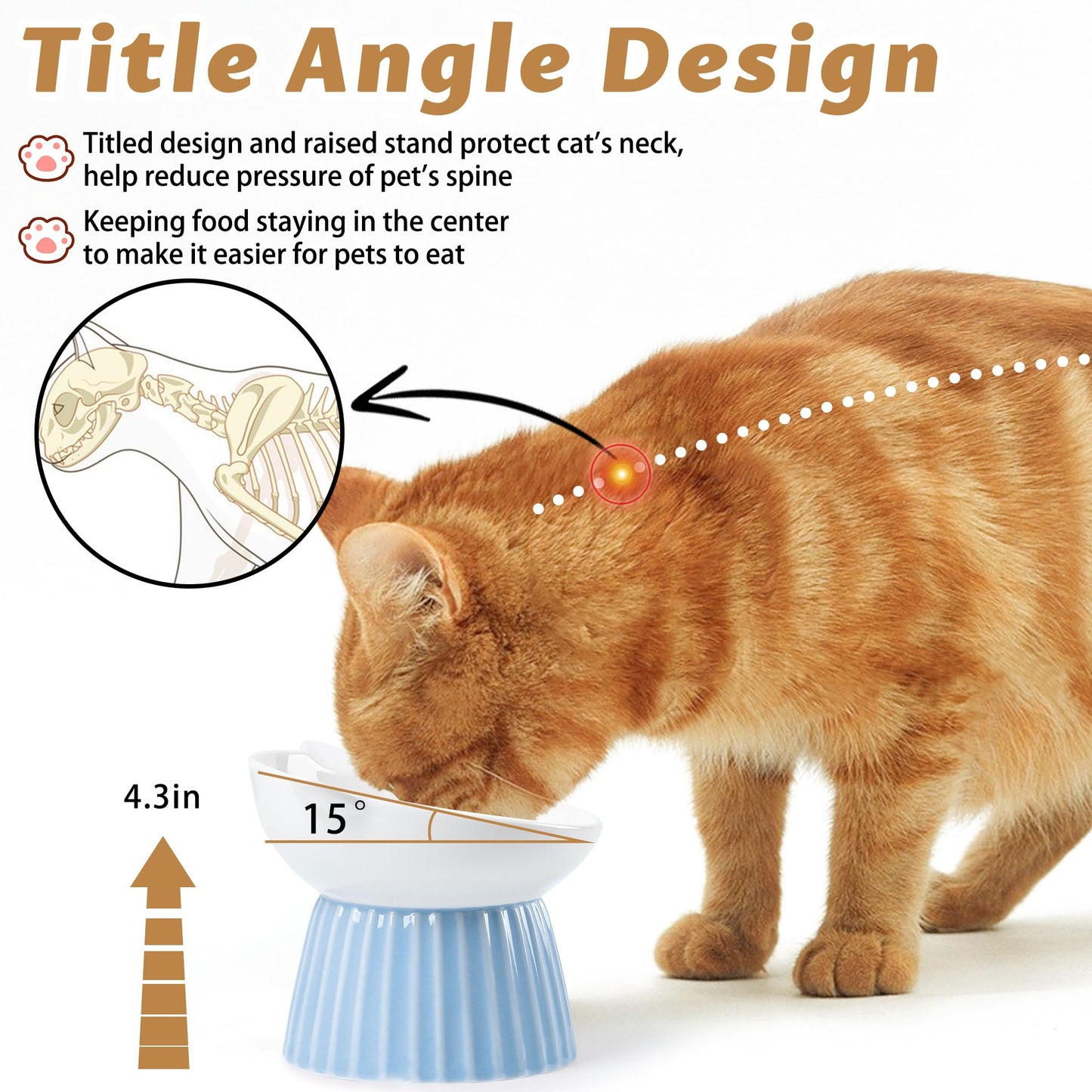Wellbro Ceramic Raised Cat Bowl，Tilted Raised Bowl Anti Vomit Bowls for Indoor Cats Whisker Friendly Pet Feeder for Cats Puppies, Microwave and Dishwasher Safe