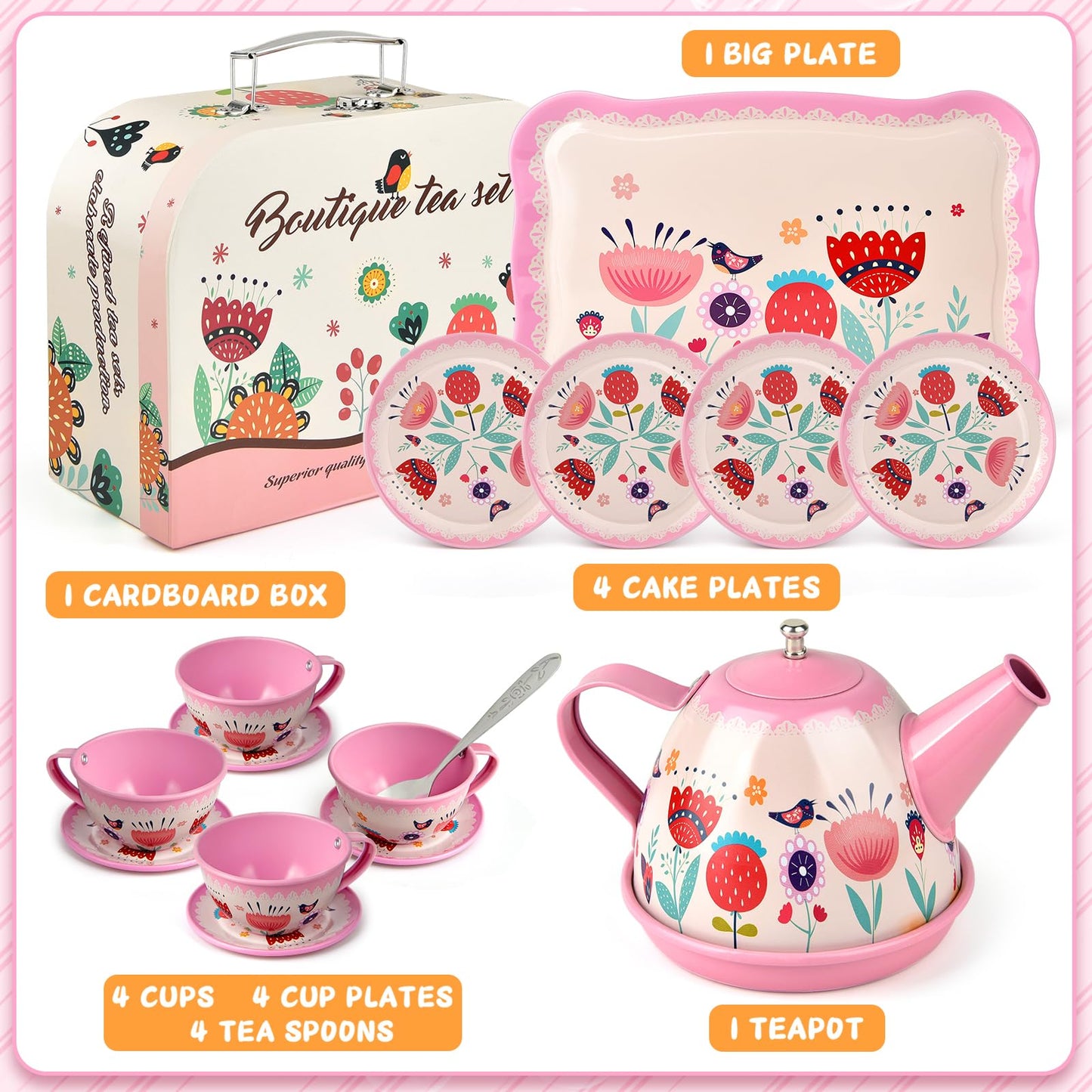 Flower Tea Set for Little Girls, Birthday Gift for Age 3 4 5 6 Year Old, Toddler Toys Tea Party Set for Little Girls, Princess Kids Kitchen Pretend Toy with Tin Tea Set, Desserts & Carrying Case
