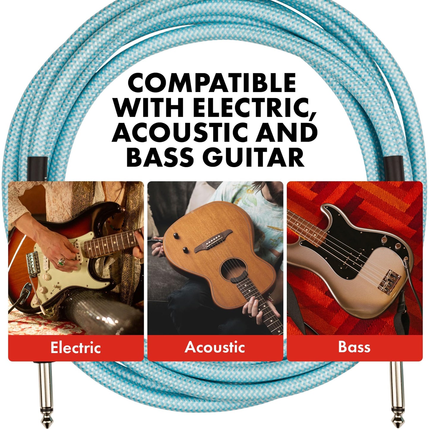 Fender Professional Series Tweed Instrument Cable, Guitar Cable, Guitar Accessories, Straight/Straight, Spiral Shielding for an Anti-Kinking Design, Daphne Blue, 10ft