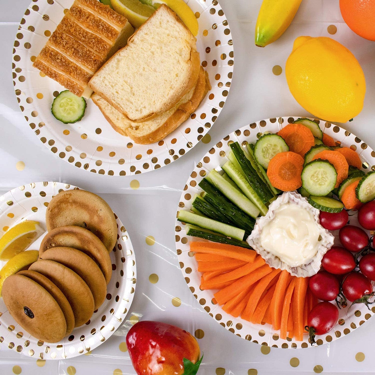 201 PCS Disposable Paper Plates Gold Party Supplies, Golden Polka Dots Birthday and Baptism Decorations, Include Plates and Cups, Napkins, Plastic Tablecloth, for Birthday Party, Engagement, Wedding