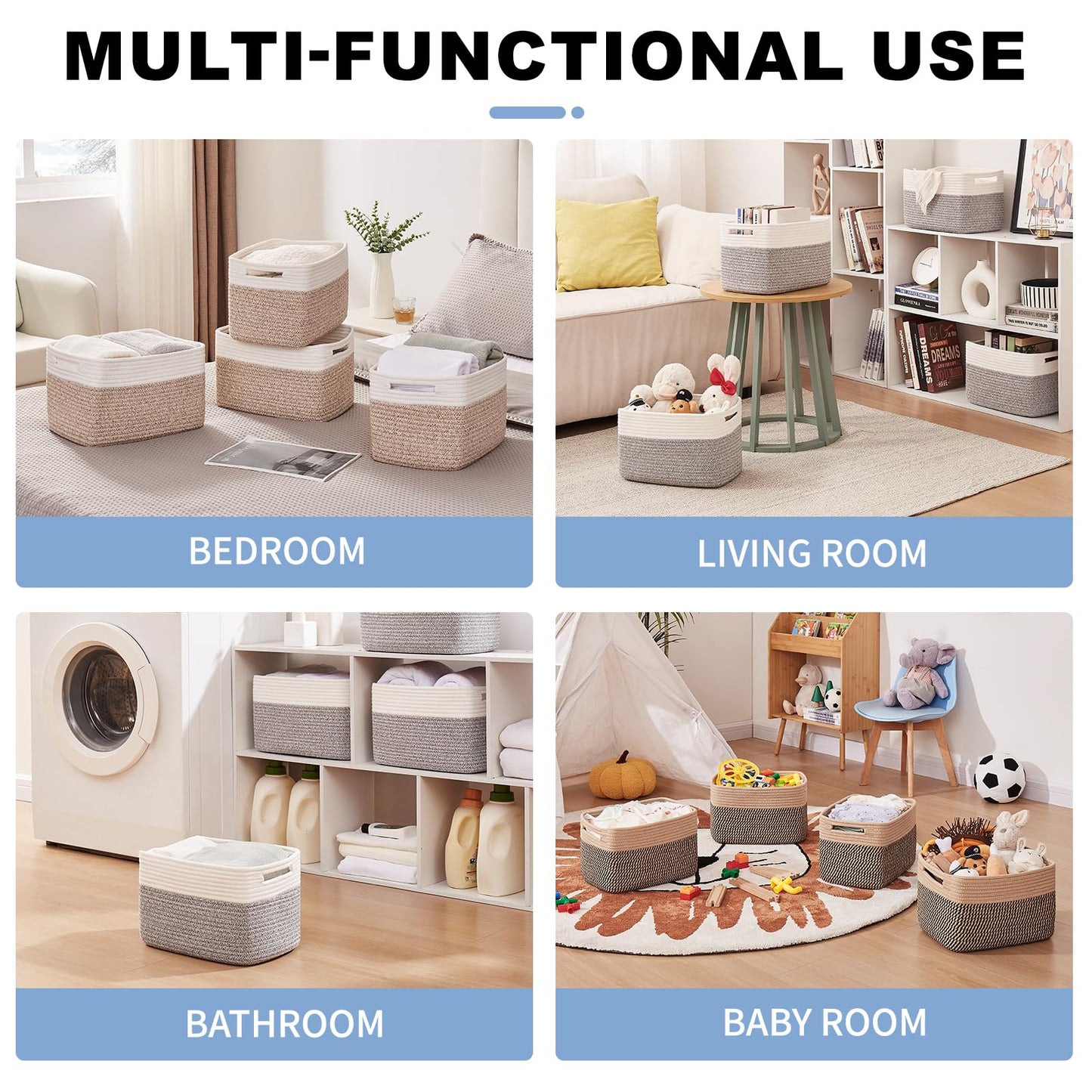 OIAHOMY 4 pack storage baskets with handle， baskets for organising, woven baskets for toys, towels, books, storage baskets for shelves, 13‘’Lx9‘’Wx7.8‘’H, Brown & White