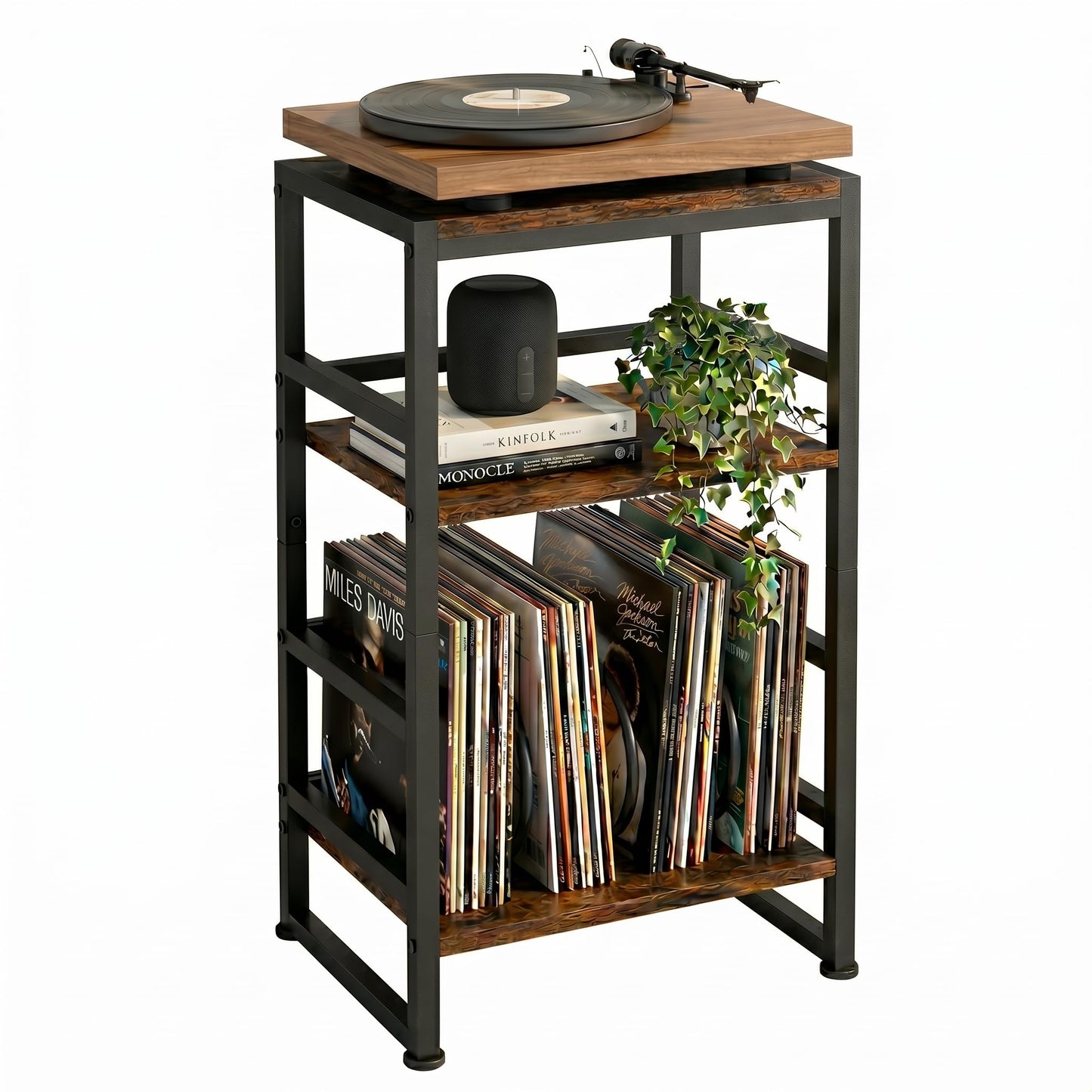 ZEXVIDA 3-Tier Vinyl Record Player Stand, End Table for Album Storage, 28" H Record Player Stand with Storage Up to 120 Albums, Side Table for Living Room Bedroom
