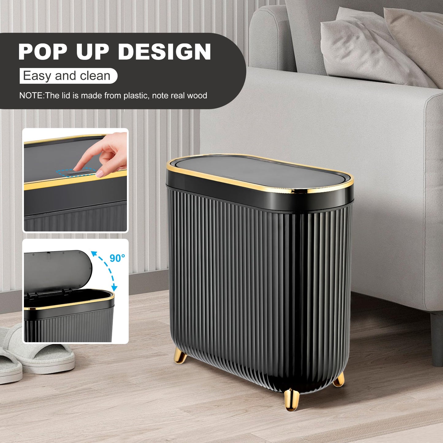 Supteron Bathroom Trash Can with Lid 3.2 Gallon Narrow Trash Can Small Plastic Trash Bin 12 Liter Rectangular Plastic Garbage Can with Press Type Lid for Bedroom Bathroom