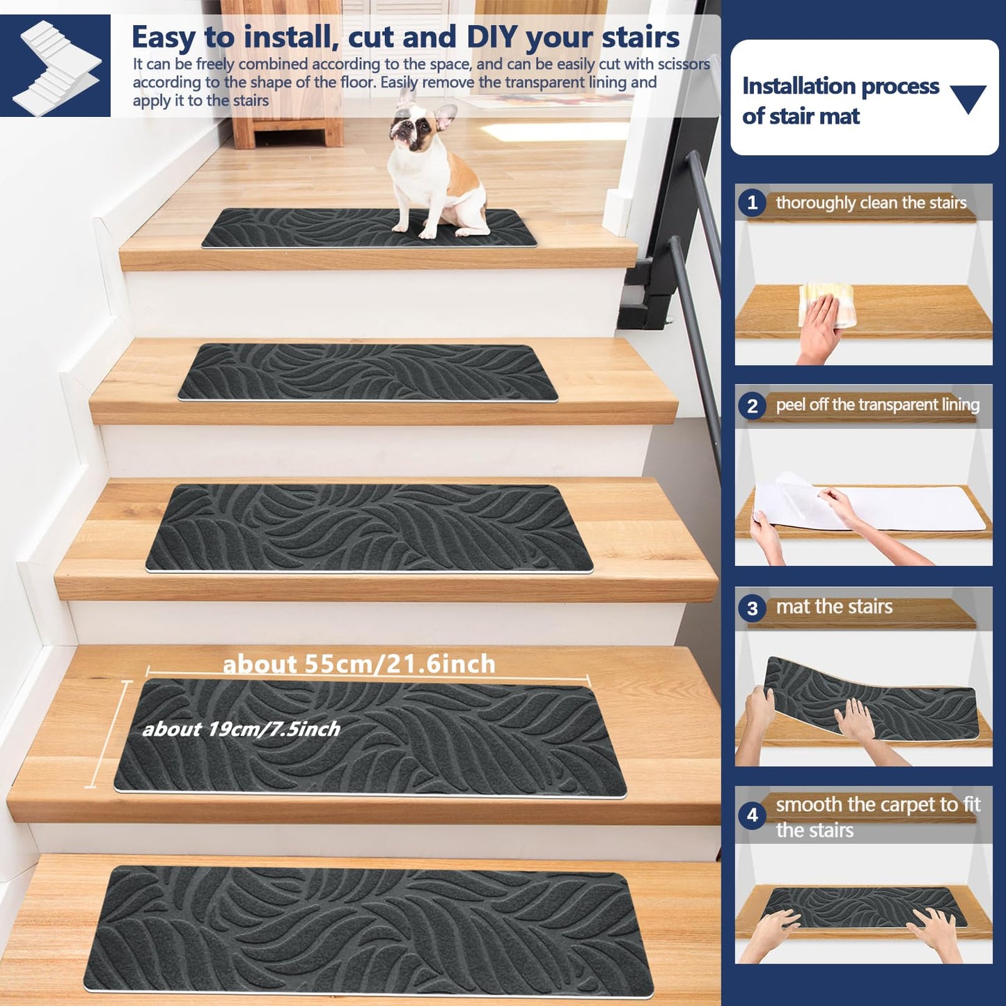 Non-Slip Stair Treads Carpet for Wooden Steps(15 Pack), 21.6 x 7.4IN Self-Adhesive Stair Treads Mat, JAYFAN Safety Indoor Stair Runner Mats, Anti Slip Stair Treads for Kids Elders and Dogs Pets