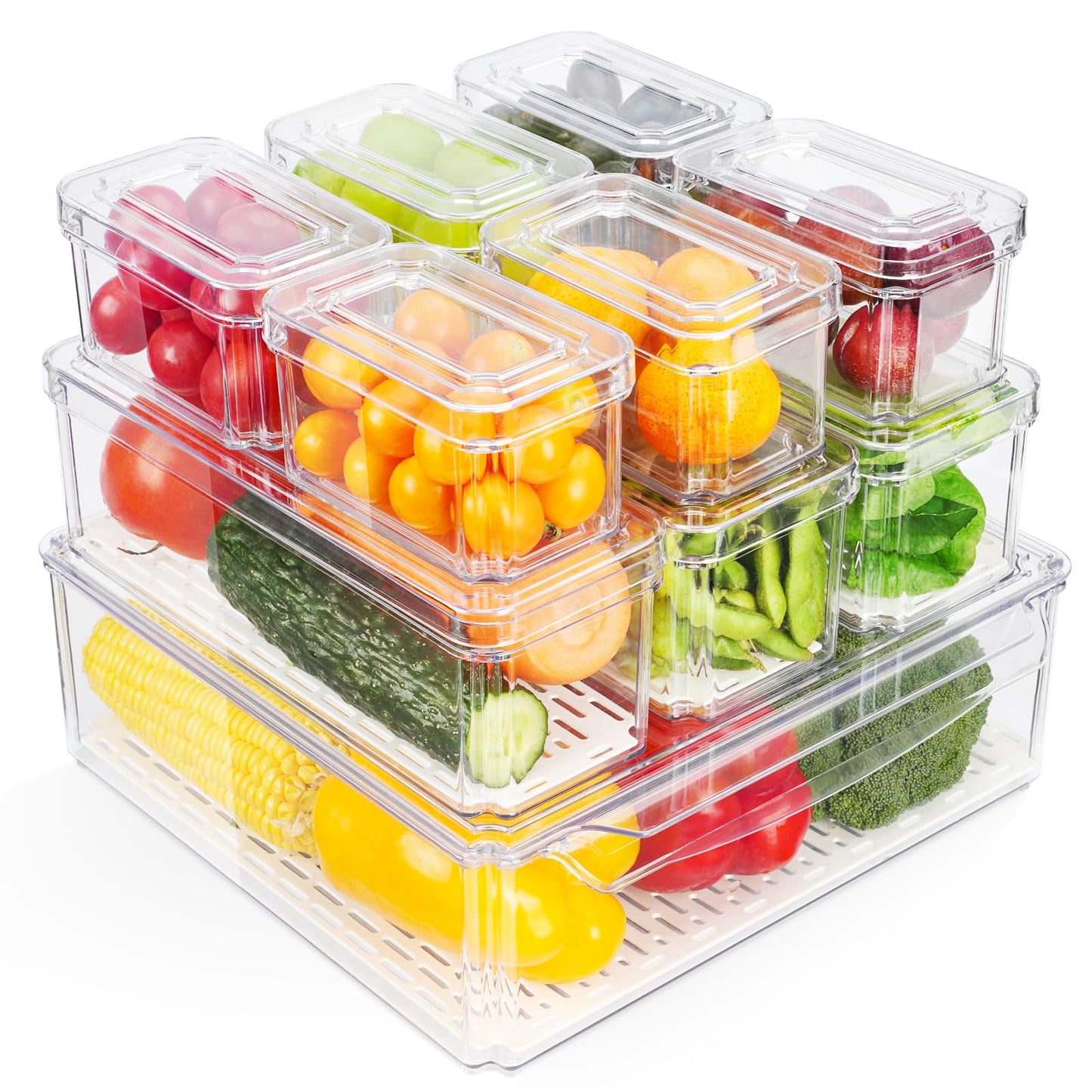 10-Pack Fridge Organizers and Storage - Stackable Refrigerator Bins with Lids, BPA-Free Clear Food Storage Bins, Saver Containers for Vegetables, Cereals, Fruits, Suitalble for Kitchen, Cabinets