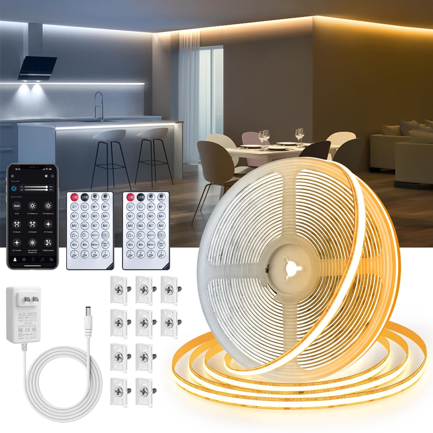 White COB LED Strip Lights 32.8Ft, 10M 2700K-6500K CCT White LED Light Strip with Remote & App, Music Sync 24V Dimmable White LED Tape Lights COB Strip for Under Cabinet Bedroom Kitchen DIY Lighting