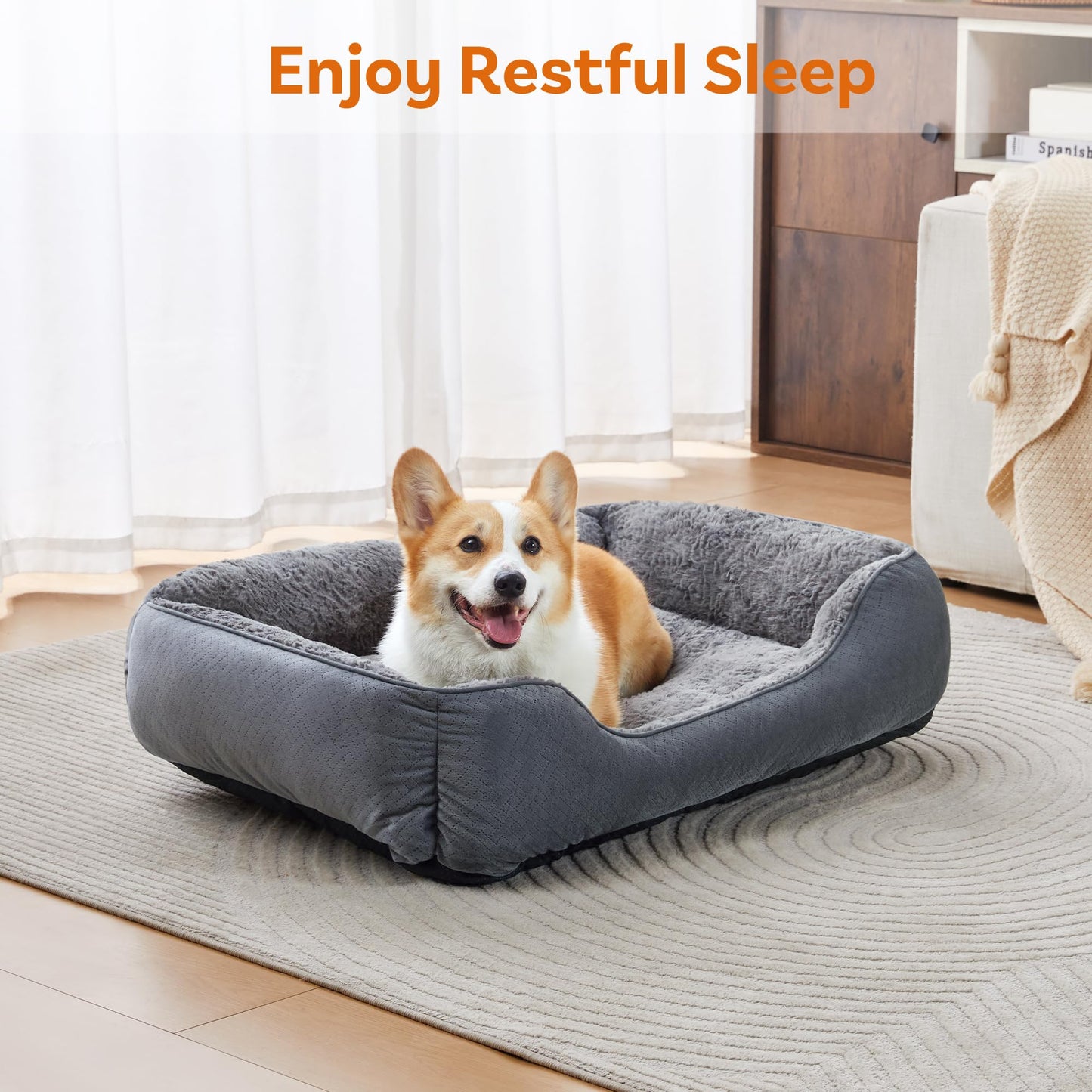 Dog Bed Medium, Super Soft Rectangle Dog Beds, Washable Warming Pet Bed with Anti-Slip Bottom, Anti-Anxiety, Grey, 25 x 21 x 8inch