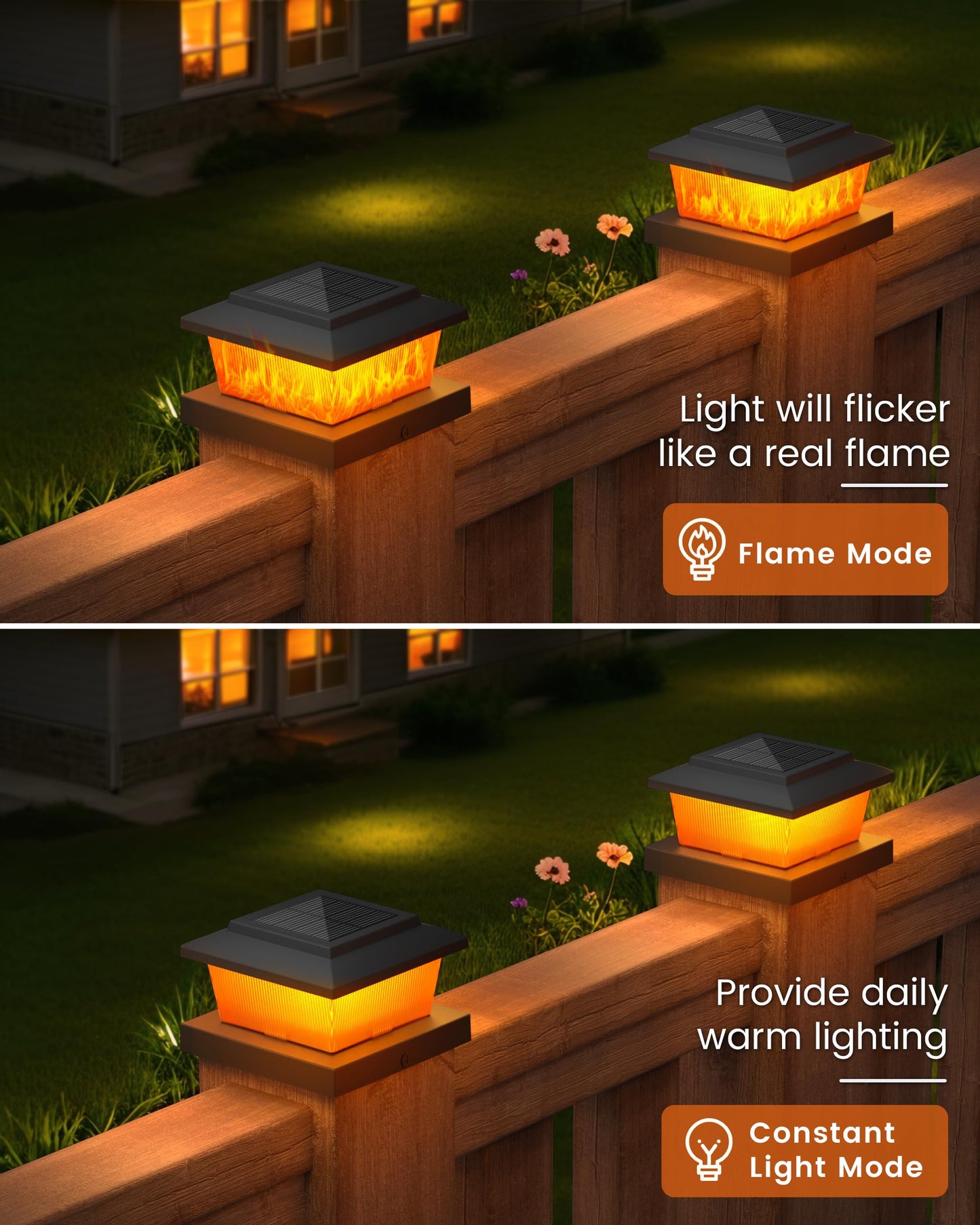 VOLISUN Solar Fence Post Cap Lights 6pack, Black Solar Deck Cap Flame Light Outdoor Waterproof, High Brightness Flickering Flame SMD LED Lighting, for 4x4 Wooden/4x4 5x5 Vinyl Post