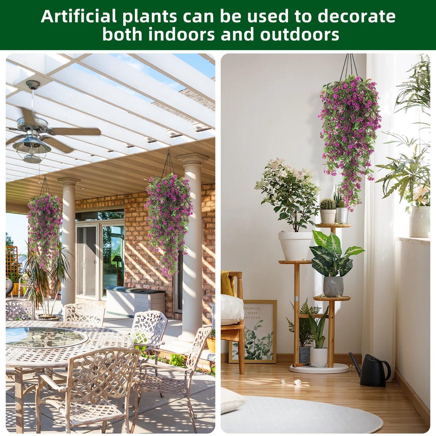 RECUTMS 2Pcs Artificial Hanging Flower Greenery Plants Spring Faux Greenery Artificial Plants for Outdoors Hanging Basket Plastic Home Garden Wedding Party Valentines Decorations(Fuchsia)