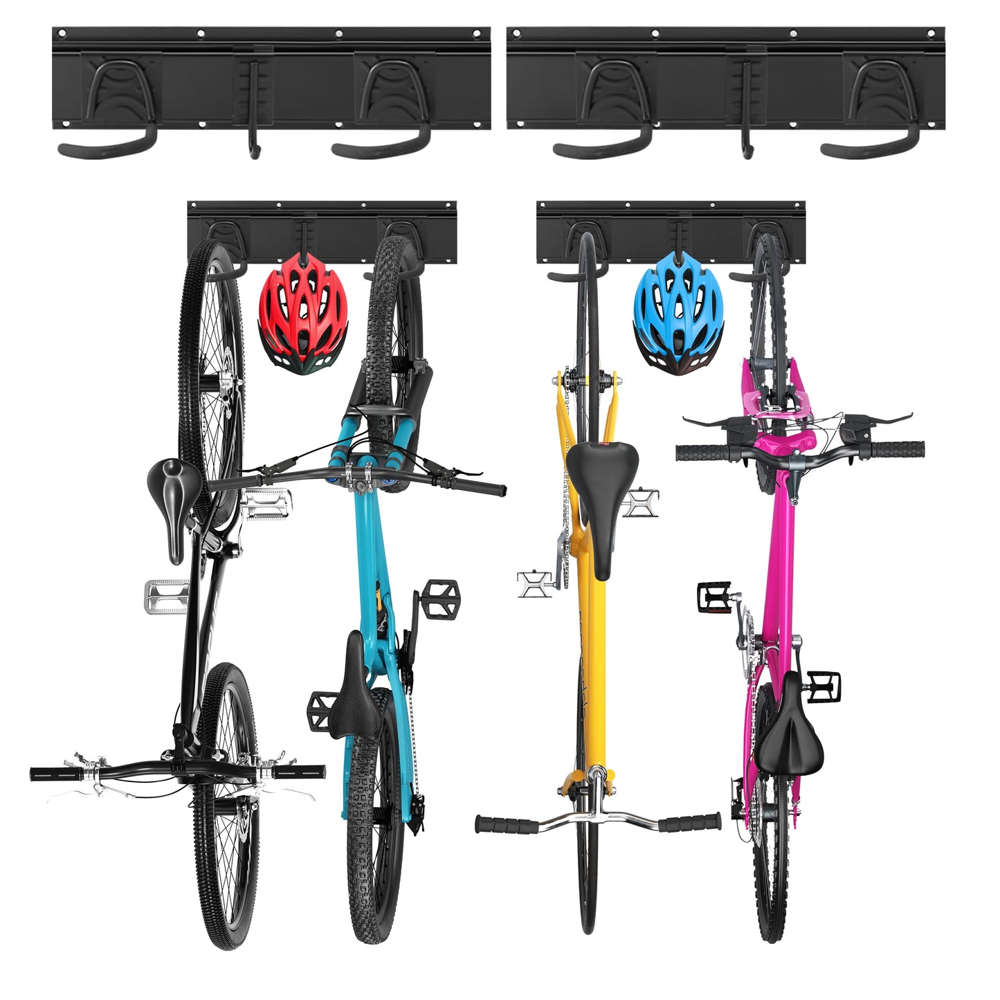 Sinoer 4-Bike & 2-Helmet Wall Mount Rack - 32 Inch Adjustable Bike Storage, Heavy Duty Steel Hooks, Space-Saving Bike Organizer for Home & Garage