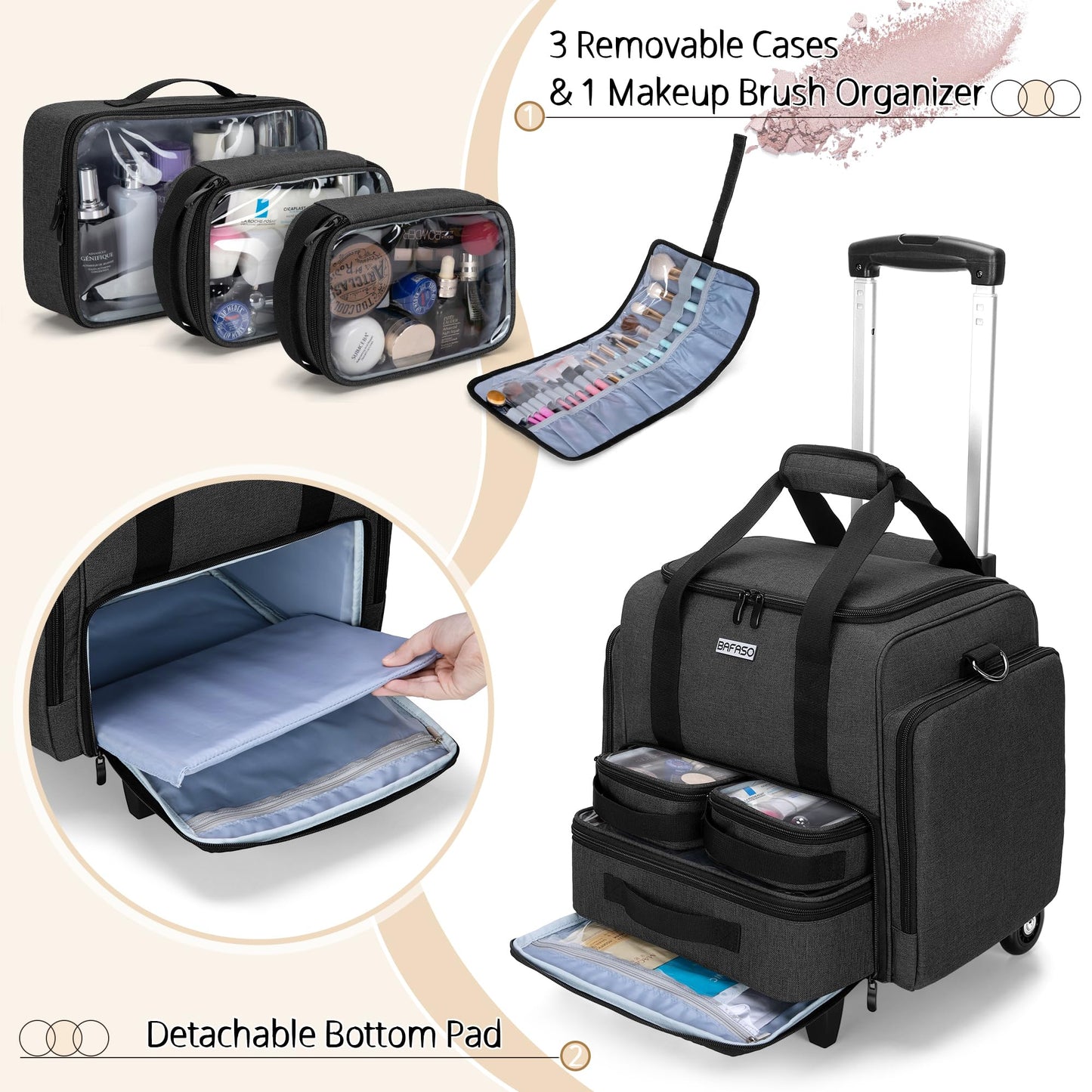 BAFASO Rolling Makeup Case with 3 Removable Pouches and 1 Makeup Brush Bag, Makeup Bag with Detachable Dolly (Patented), Black