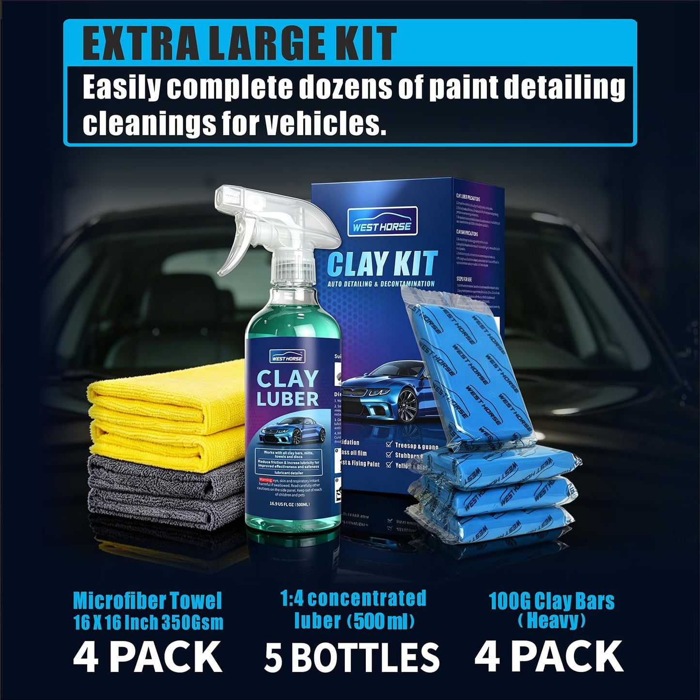 WEST HORSE Clay Bar Kit - 4 Pack 400g (4x100g) + 16.9 fl. oz Lubricant + 4 Pack Microfiber Cloth for Car Detailing