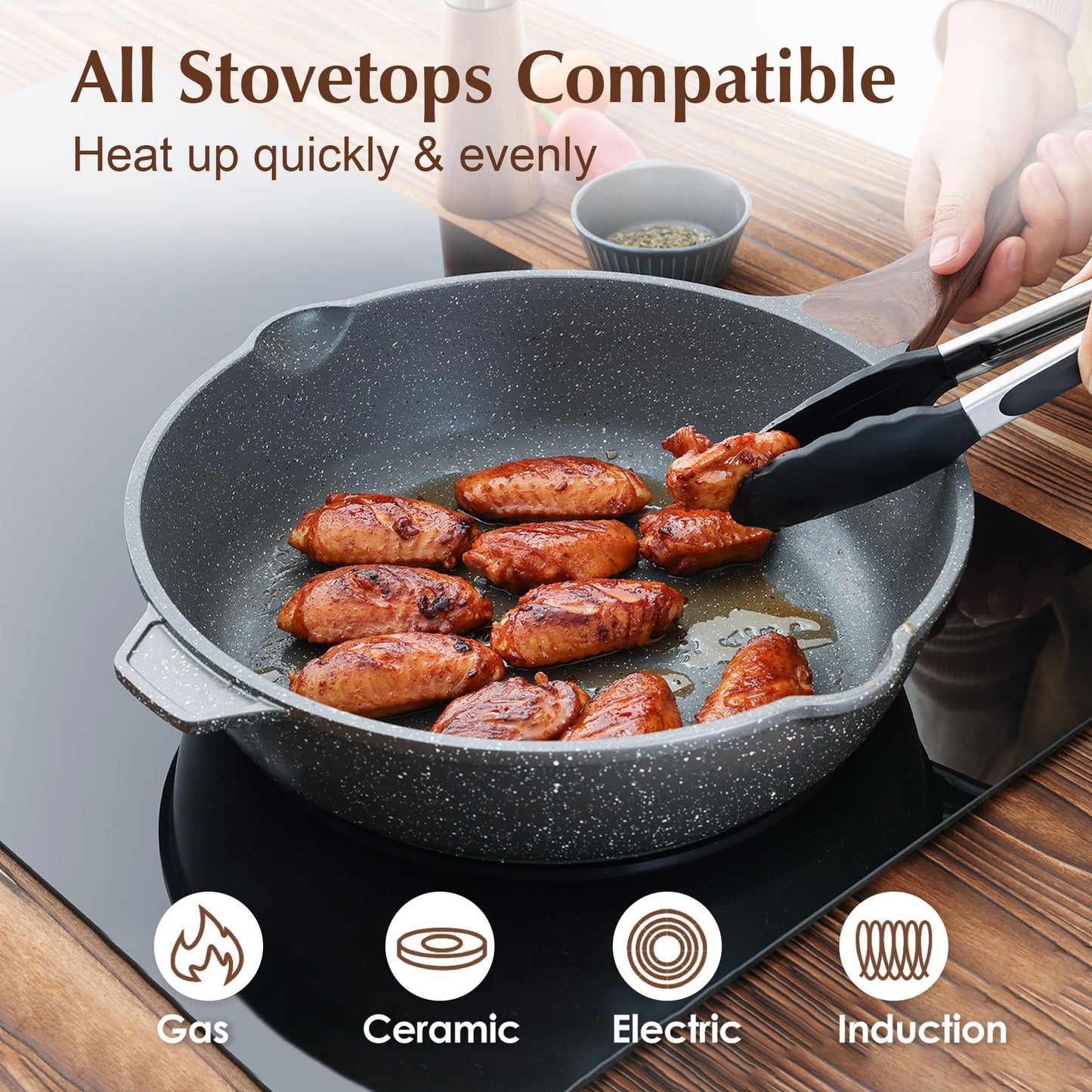 SENSARTE Nonstick Deep Frying Pan Skillet, 11-inch Saute Pan with Lid, Stay-Cool Handle, Chef Pan Healthy Stone Cookware Cooking Pan, Induction Compatible