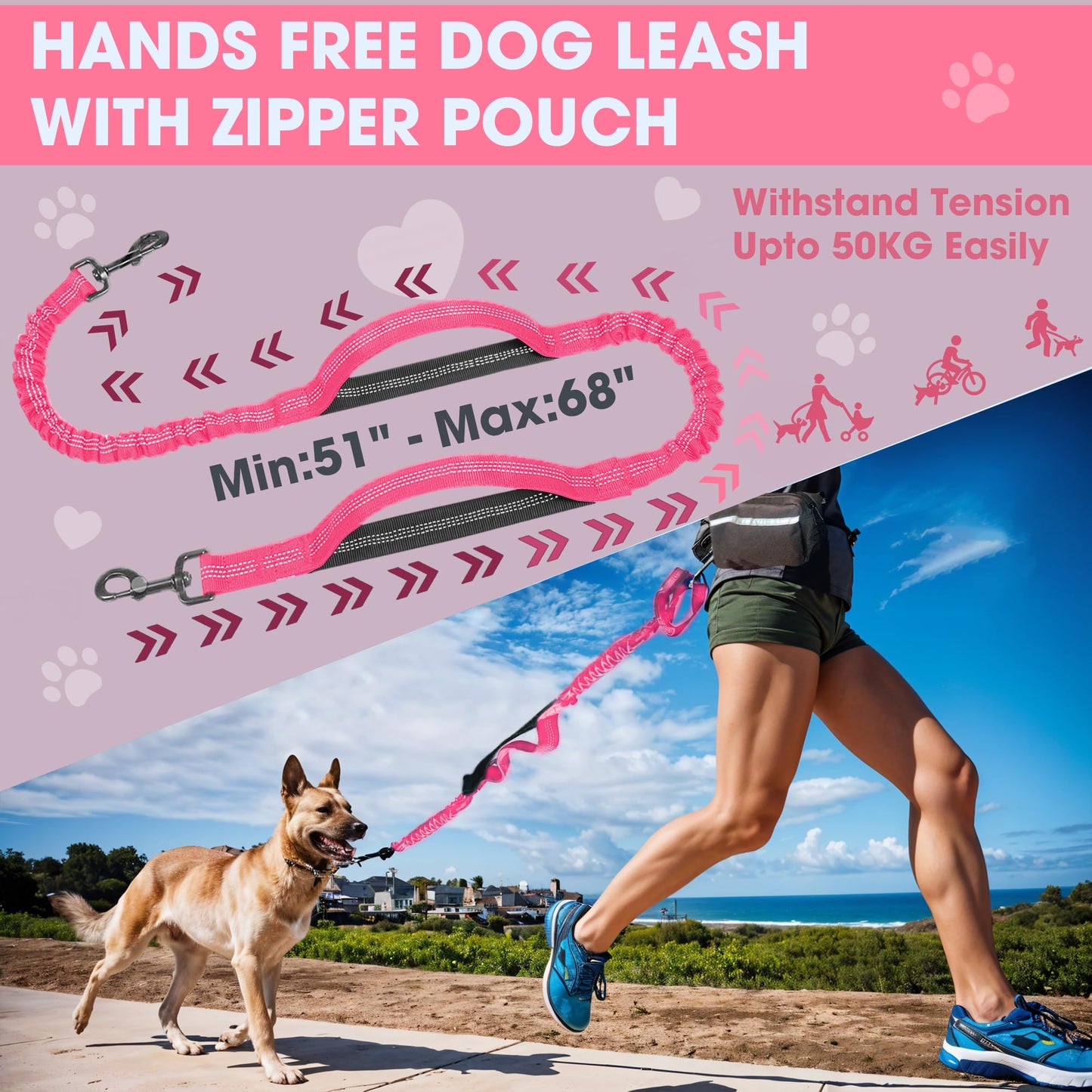 Hands Free Dog Leash with Waist Belt – No-Pull Bungee, Dual Padded Handles & Zipper Pouch for Running, Walking & Training – Adjustable Waist Leash for Large & Medium Dogs (Pink)