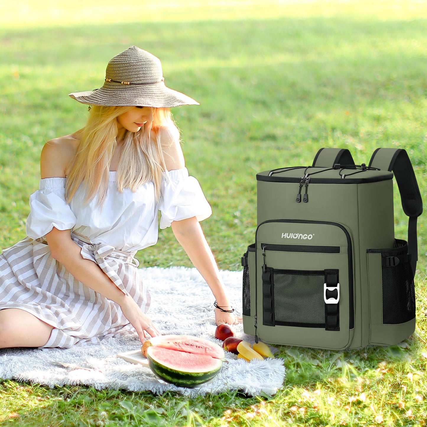 Hulongo Large 52cans Waterproof Insulated Cooler Backpack for Men & Women, Leak Proof Backpack Cooler, Soft, 8Gal (Army Green)