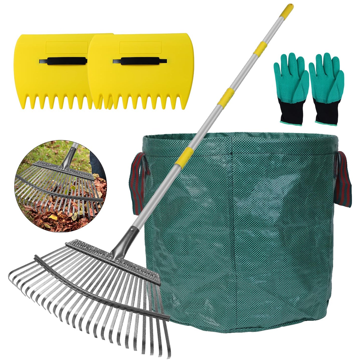 Stanew 5.4FT Heavy Duty Stainless Steel Garden Leaf Rake -Adjustable Length, 25 Tines Landscape Rake, Leaf Collector, and Leaf Scoops for Yarn Thatch, Gathering Leaves, Farming, Herb Garden and More