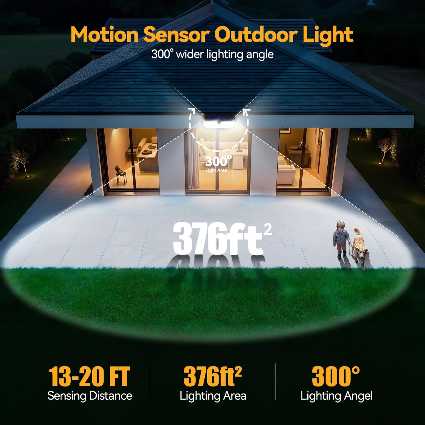 TECKNET 4200Lm Solar Lights Outdoor, [416 LED&300° Wide Angle] Motion Sensor Light Outdoor, 3 Modes Lampe Solaire Exterieur, IP66 Waterproof Outdoor Lights Solar, 3-Sided Lighting for Yard Garden Deck
