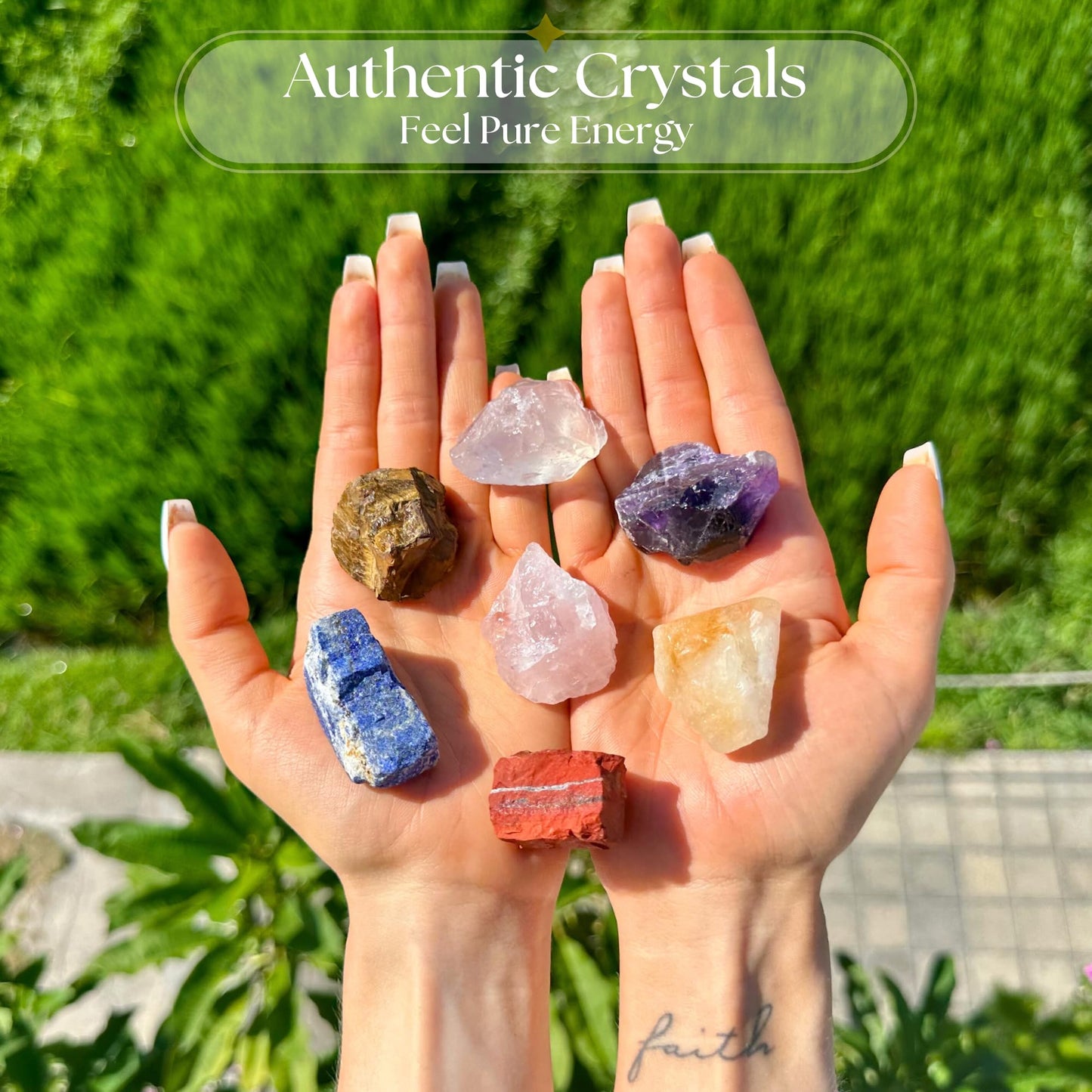 Anima Premium 7 Chakra Healing Crystals Set for Energy Alignment - Large Raw Amethyst, Rose Quartz, Citrine, Lapis Lazuli, Clear Quartz, Tigers Eye & Red Jasper - Wooden Gift Box & Guidebook Included